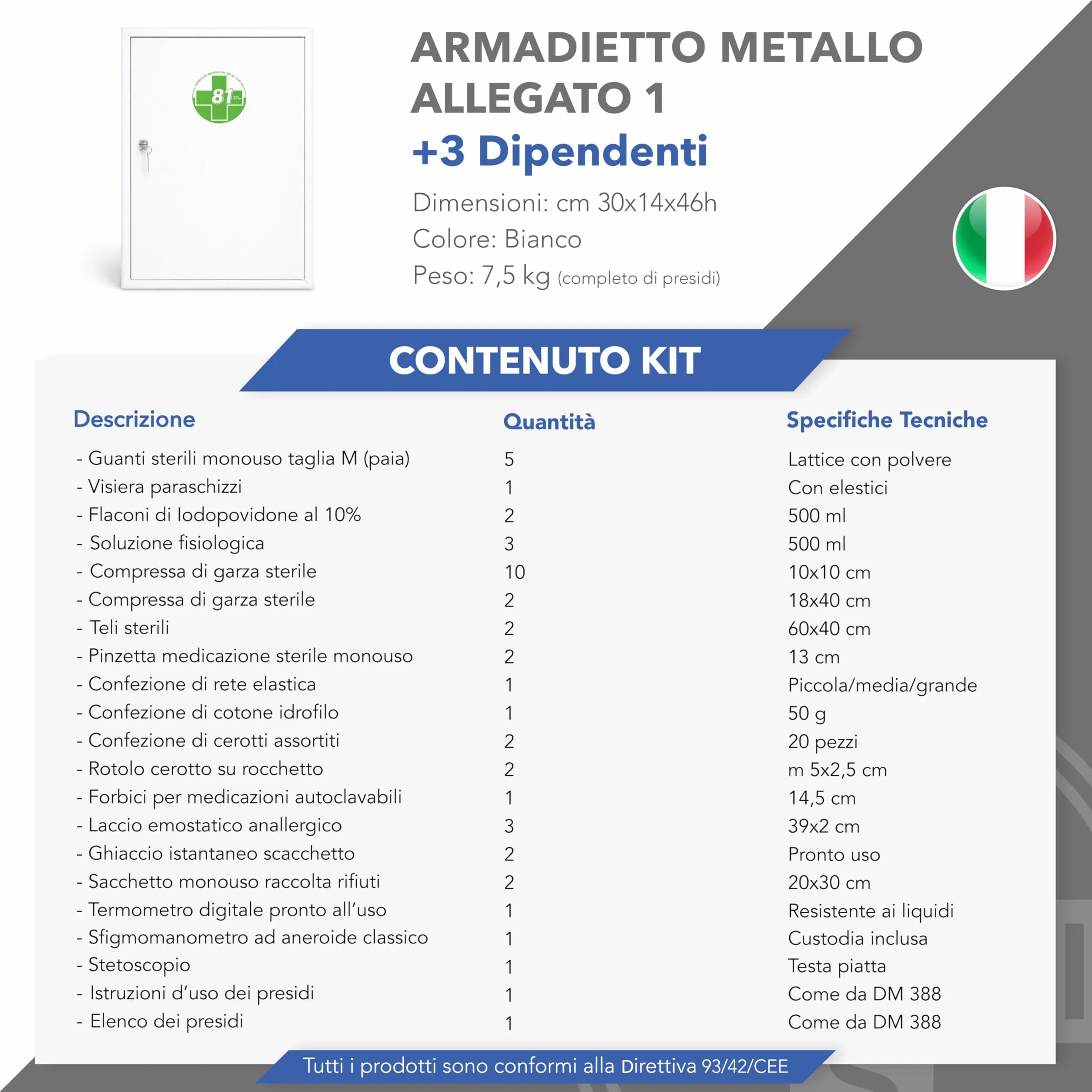AIESI® Armadietto di pronto soccorso metallo con sfigmomanometro per aziende DM388/DL81 Made in Italy
