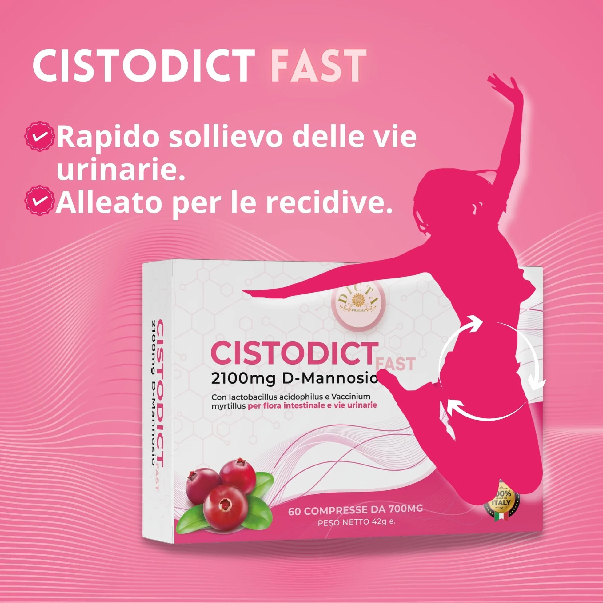 D Mannosio Puro 2100mg 60 cpr per Vie Urinarie Donna con Mirtillo Rosso, Agrimonia, Lactobacillus e Inulina