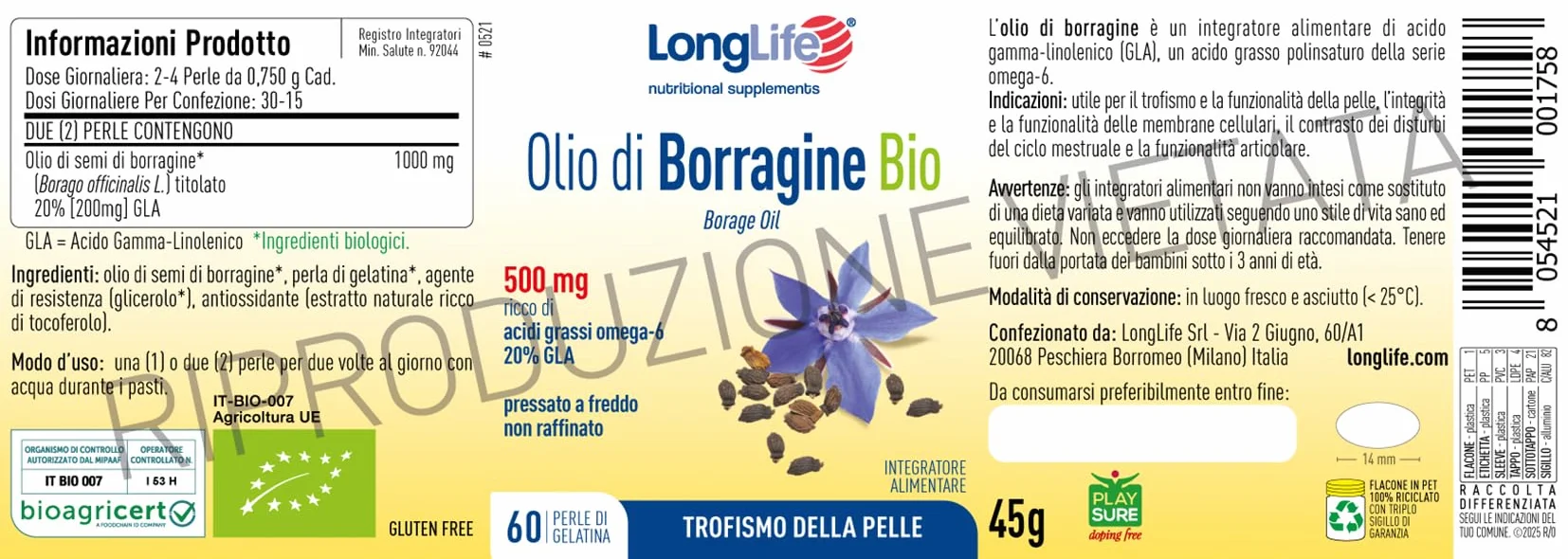 Olio di Borragine Bio 500mg Integratore GLA 20% Omega 6 60 Perle Biologico Senza Glutine