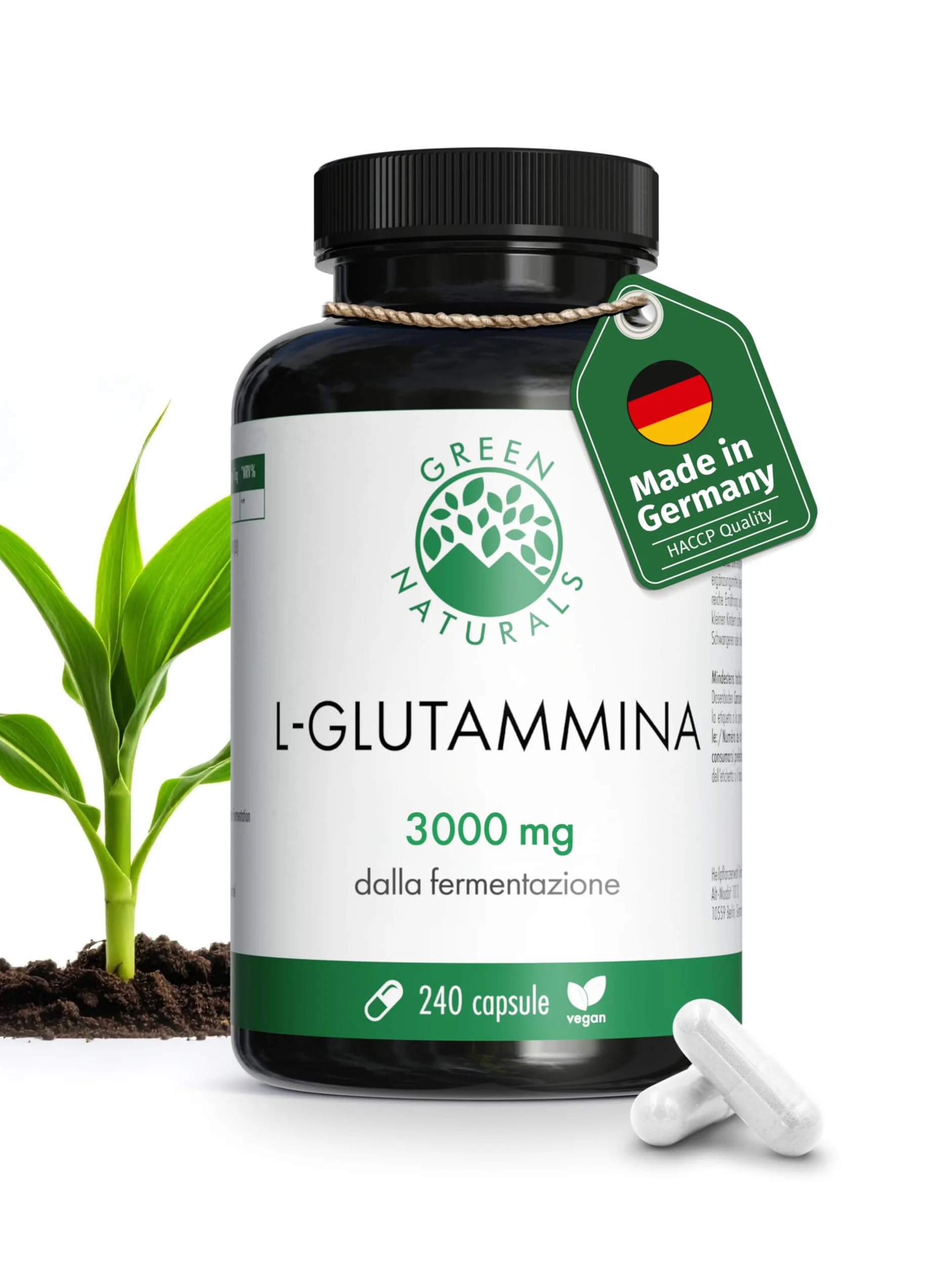 Green Naturals® L-Glutammina – Alto dosaggio 3.000 mg per dose giornaliera – Aminoacido puro in forma libera da fermentazione naturale – 100% vegana & senza additivi – 240 capsule (60 giorni)