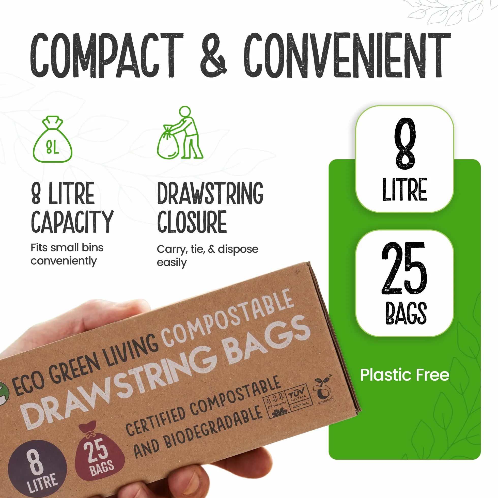 Eco Green Living Sacchi per la spazzatura compostabili 8 litri 40x45 cm 25 sacchetti