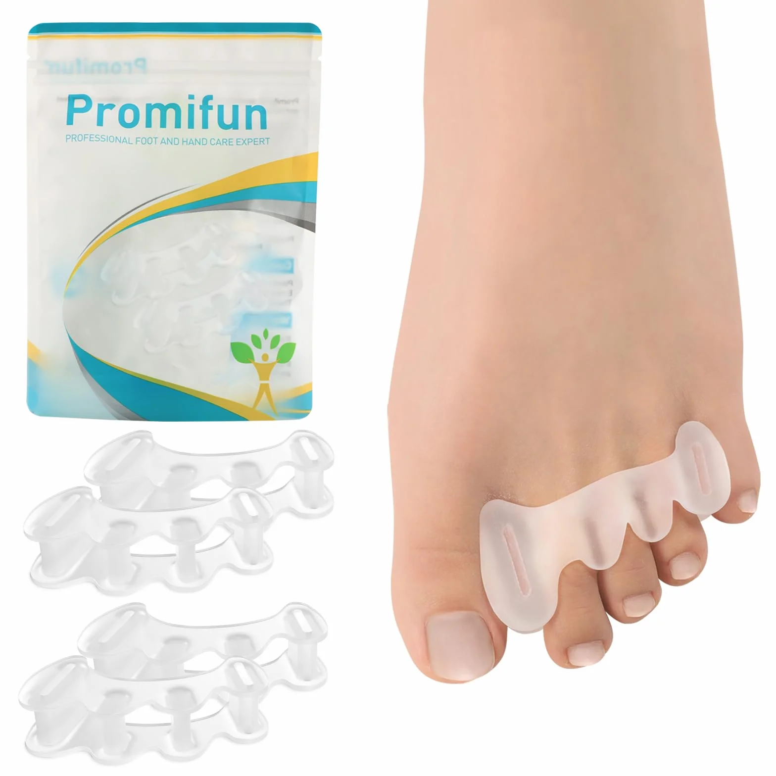 Promifun Separatori per dita dei piedi in gel morbido, 2 paia, correzione fascite plantare (Trasparente +L)