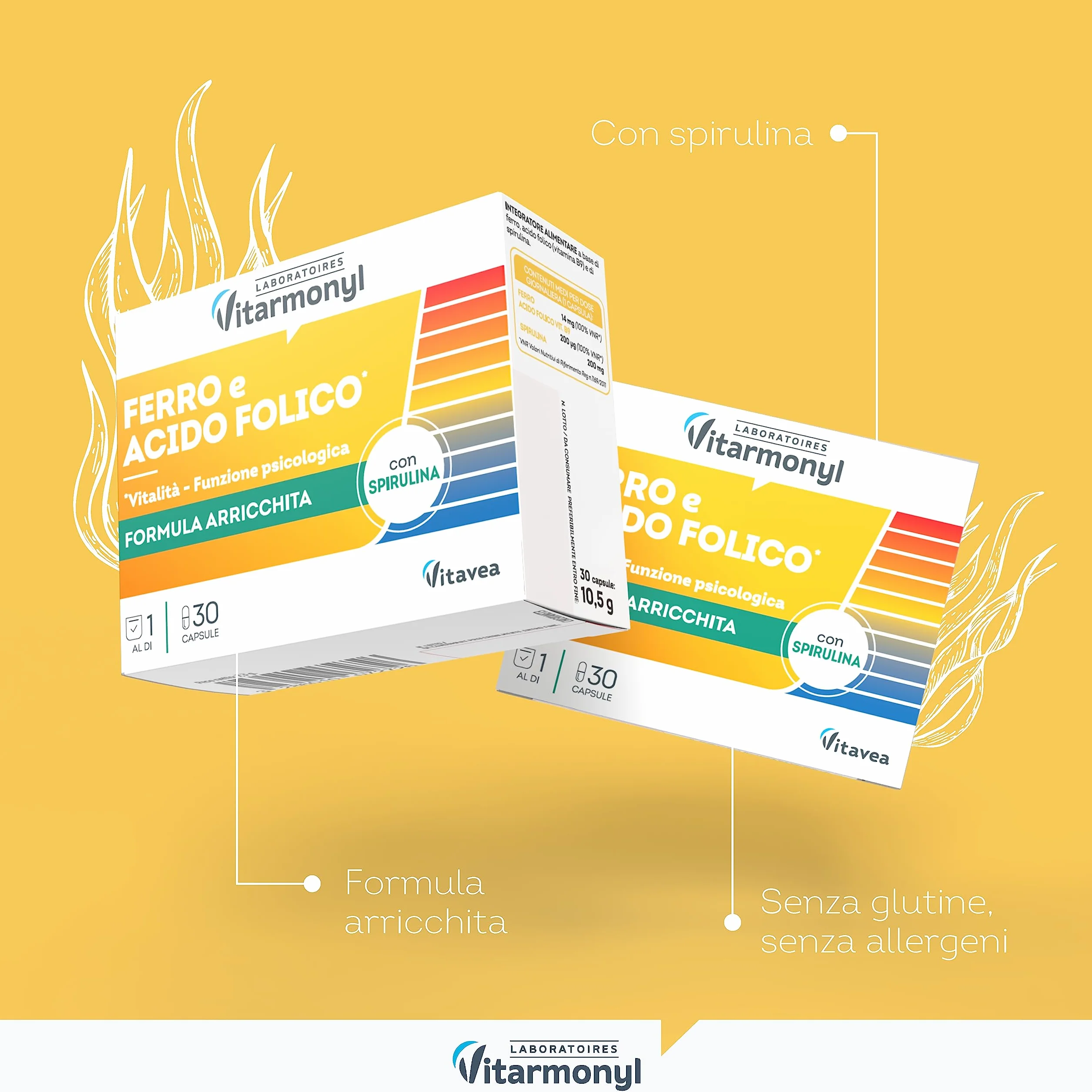 Ferro Acido Folico - Integratore Alimentare a base di Ferro e Acido Folico, con Spirulina - Per il Sistema Immunitario - Multivitaminico - Confezione da 30 capsule - Vitarmonyl