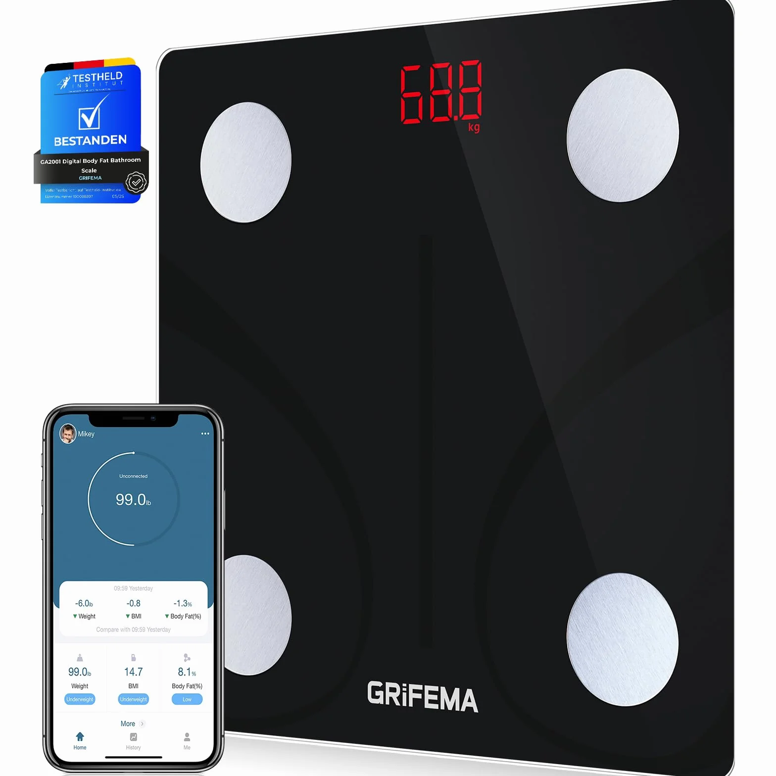 GRIFEMA Bilancia Digitale Bluetooth con App, Analisi Massa Muscolare e Grasso Corporeo, BMI, Proteine, Nera
