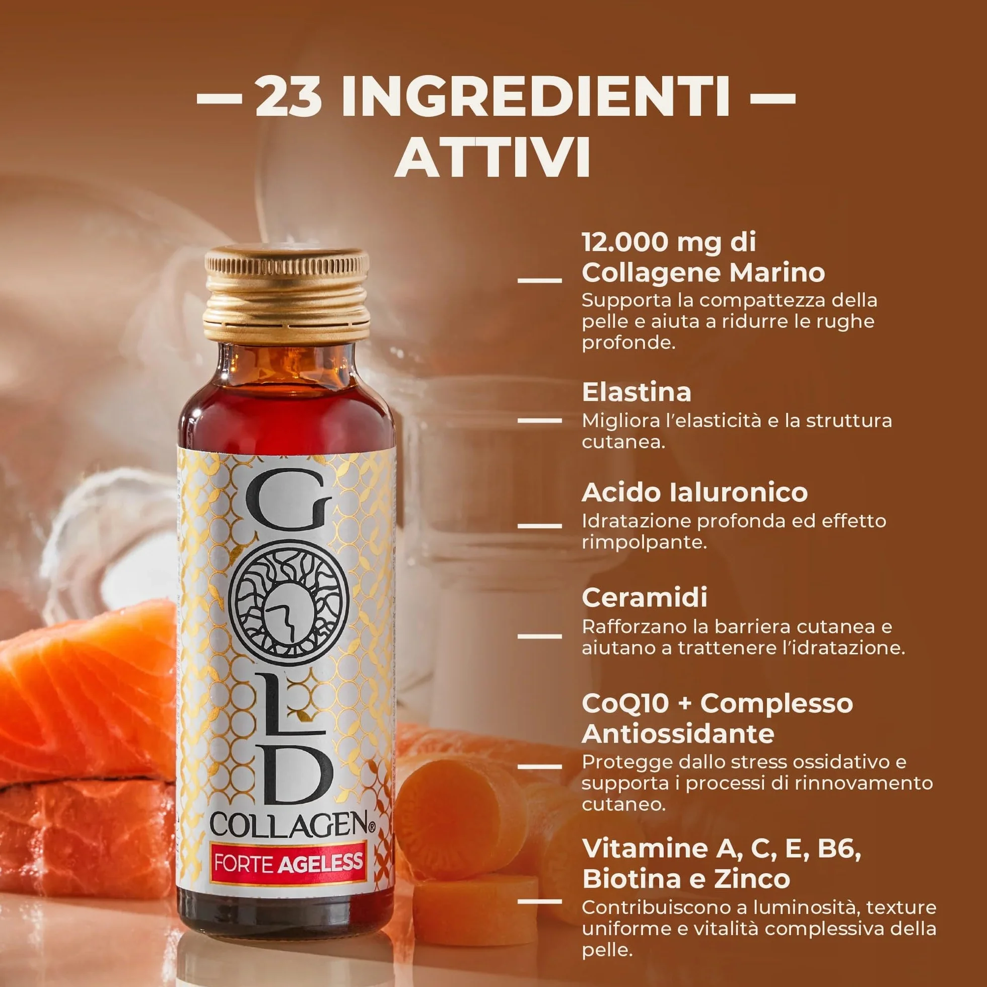 GOLD COLLAGEN Forte Ageless Collagene Integratore Antirughe Antiossidante con Biotina, Vitamina C, Acido Ialuronico, 10x50 ml