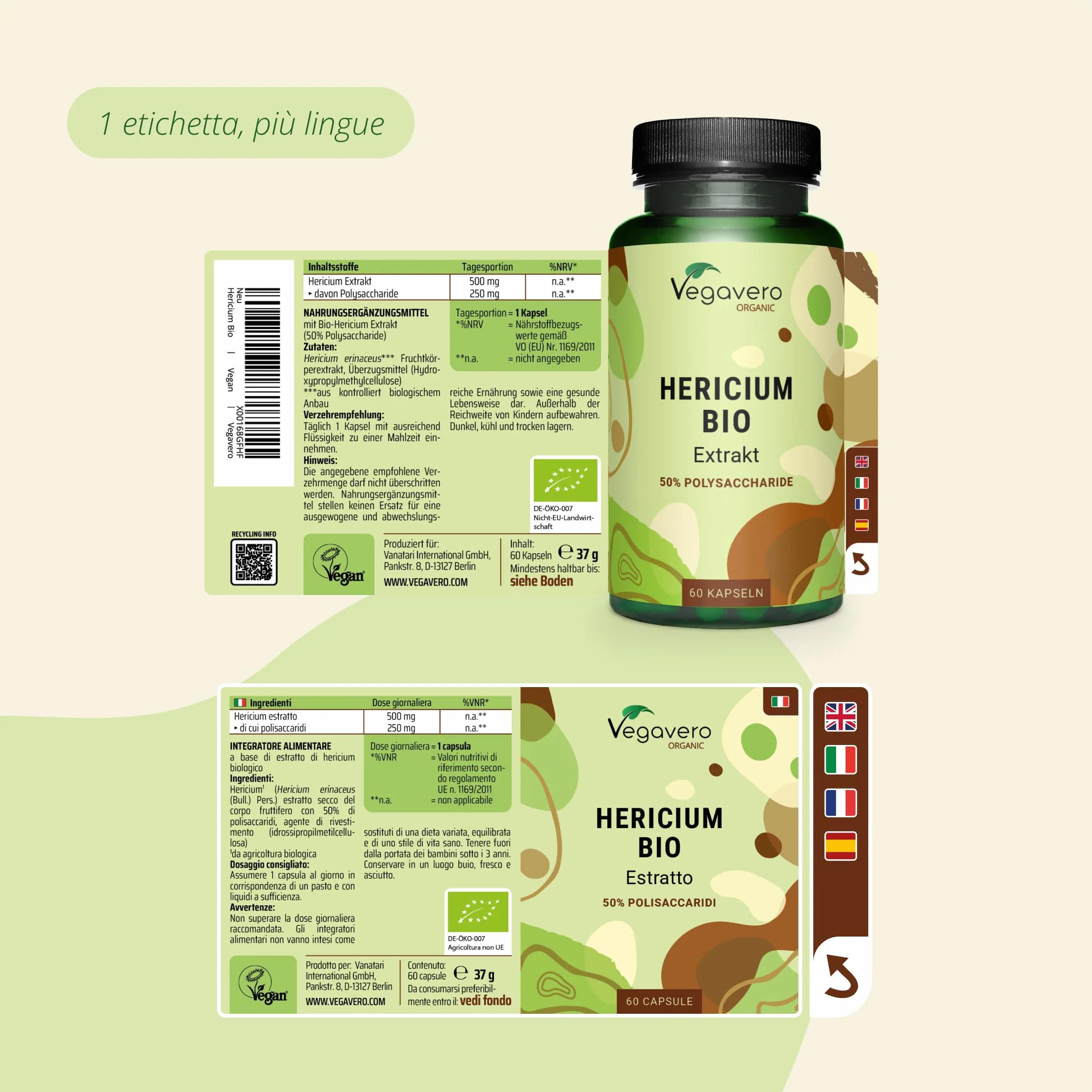 Hericium Erinaceum BIO | 50% di Polisaccaridi | Lions Mane Mushroom Biologico | Testato in Laboratorio | Sistema Immunitario | Vegano e Senza Additivi | Vegavero®