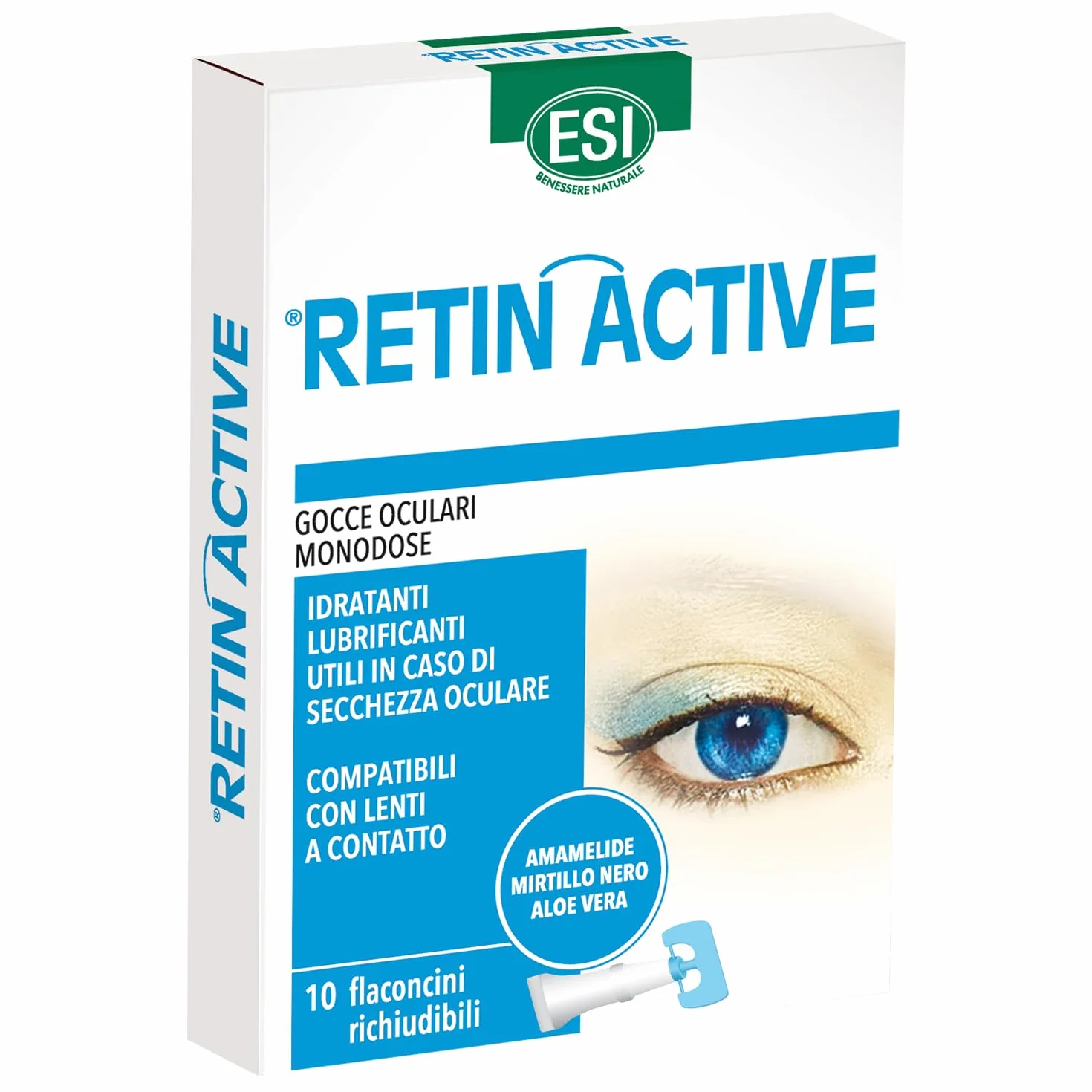 ESI - Retin Active, Gocce Oculari Monodose a Base di Mirtillo Nero per il Benessere della Vista, Idratanti e Lenitive, Proteggono gli Occhi da Condizioni Ambientali Sfavorevoli, 10 Flaconcini