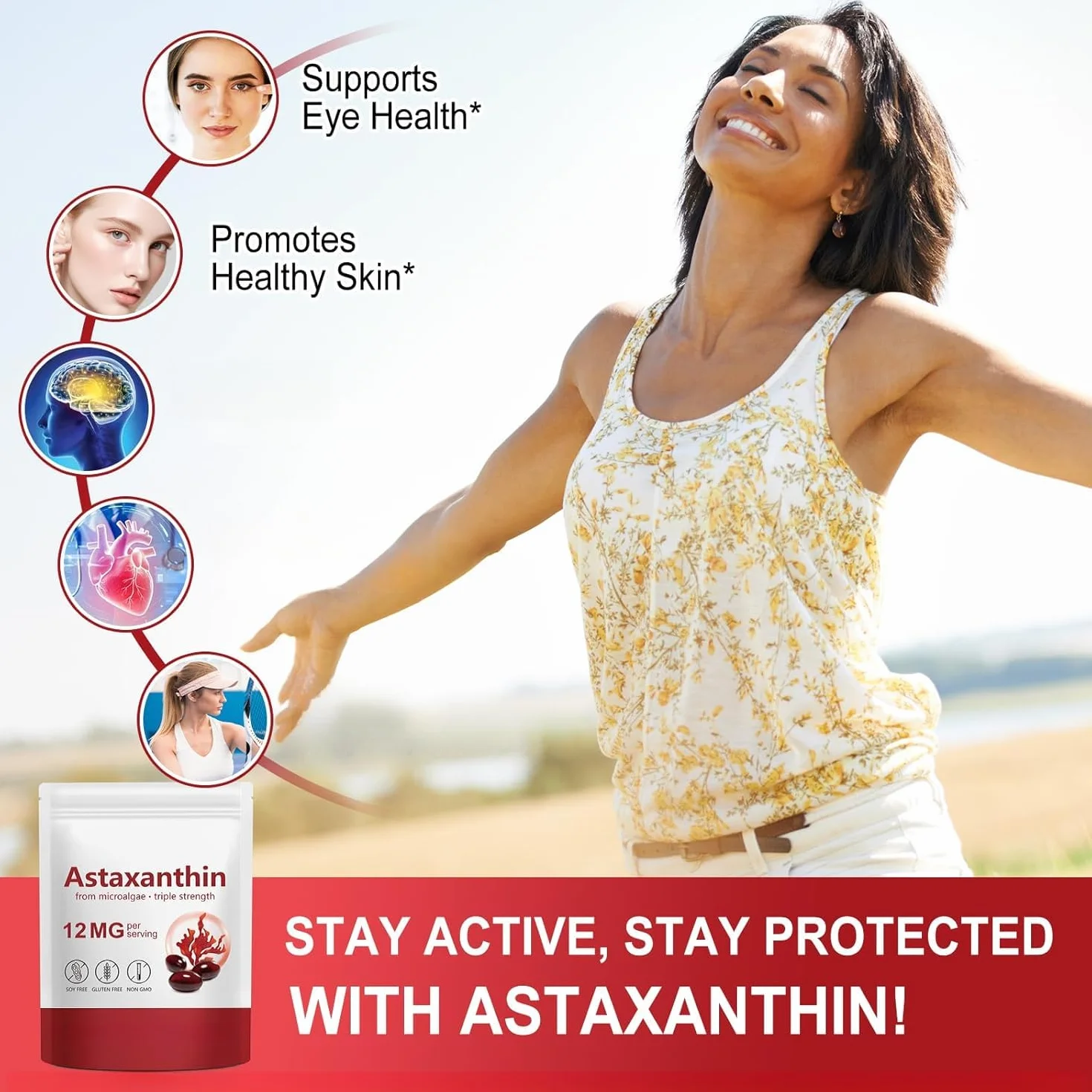 Astaxantina Premium Antiossidante per Occhi Pelle Articolazioni Circolazione Senza OGM Senza Glutine