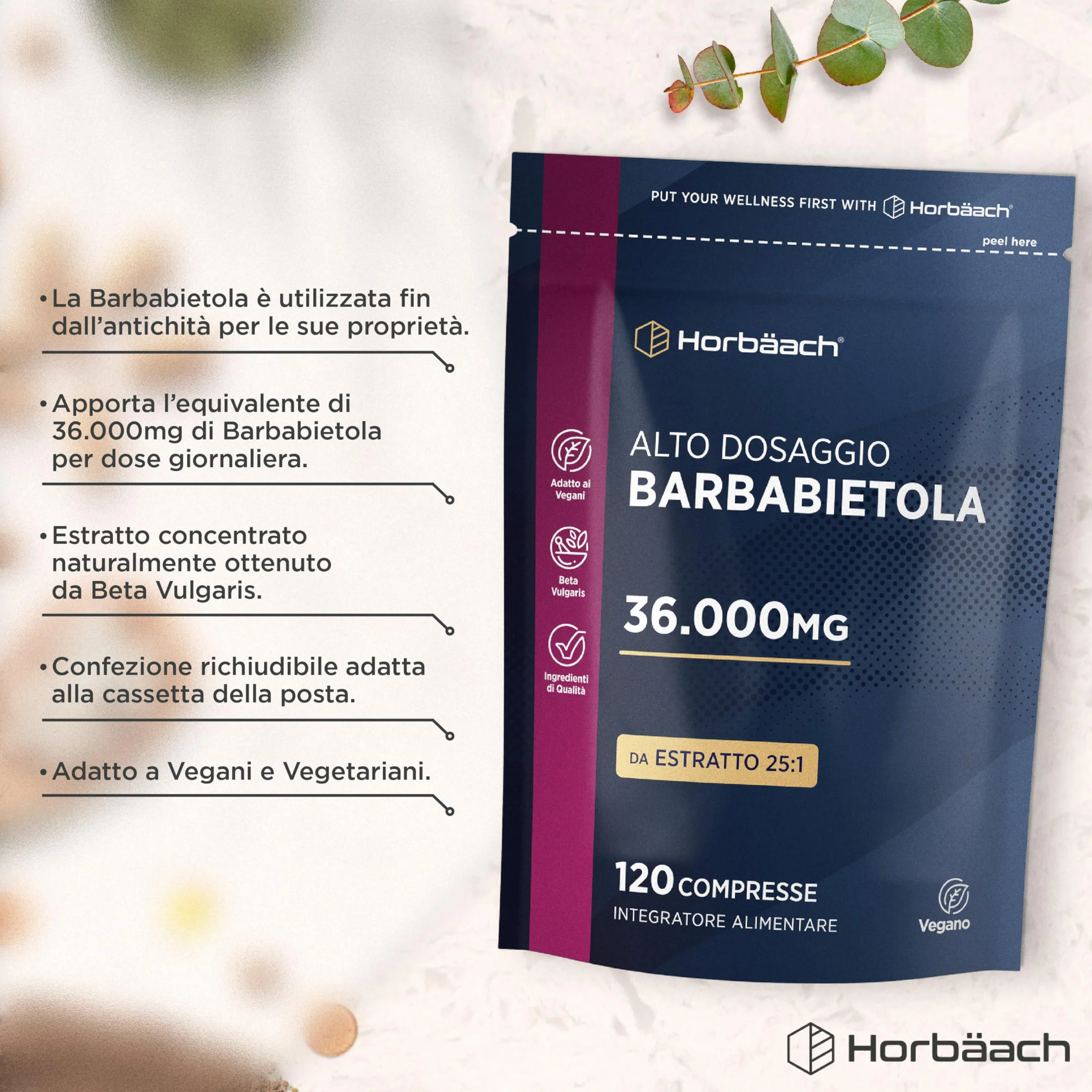 Horbaach Barbabietola Rossa Integratore 36.000mg Stimolatore Ossido Nitrico 120 Compresse Vegane
