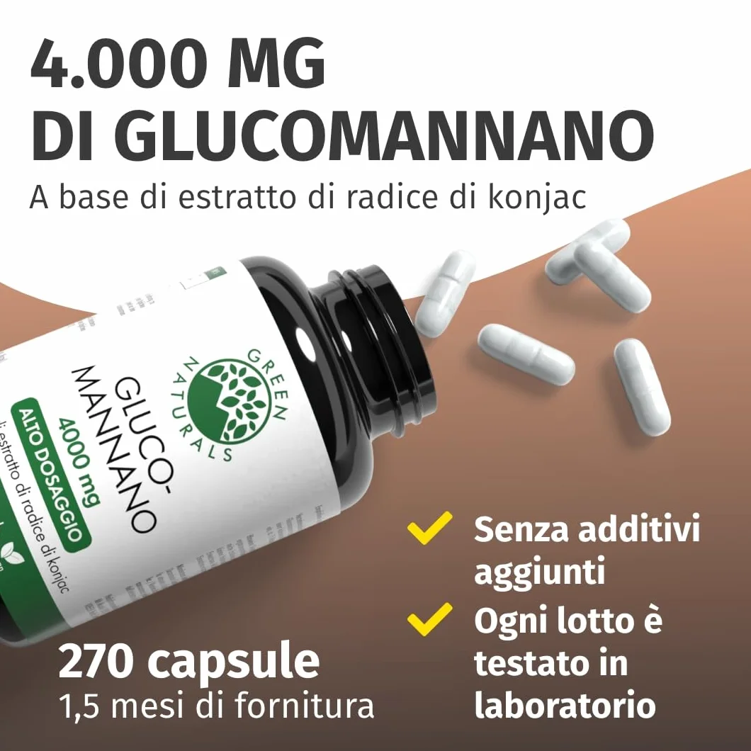 Green Naturals Glucomannano 4000 mg per dose giornaliera Estratto di konjac 4200 mg 270 capsule 45 giorni