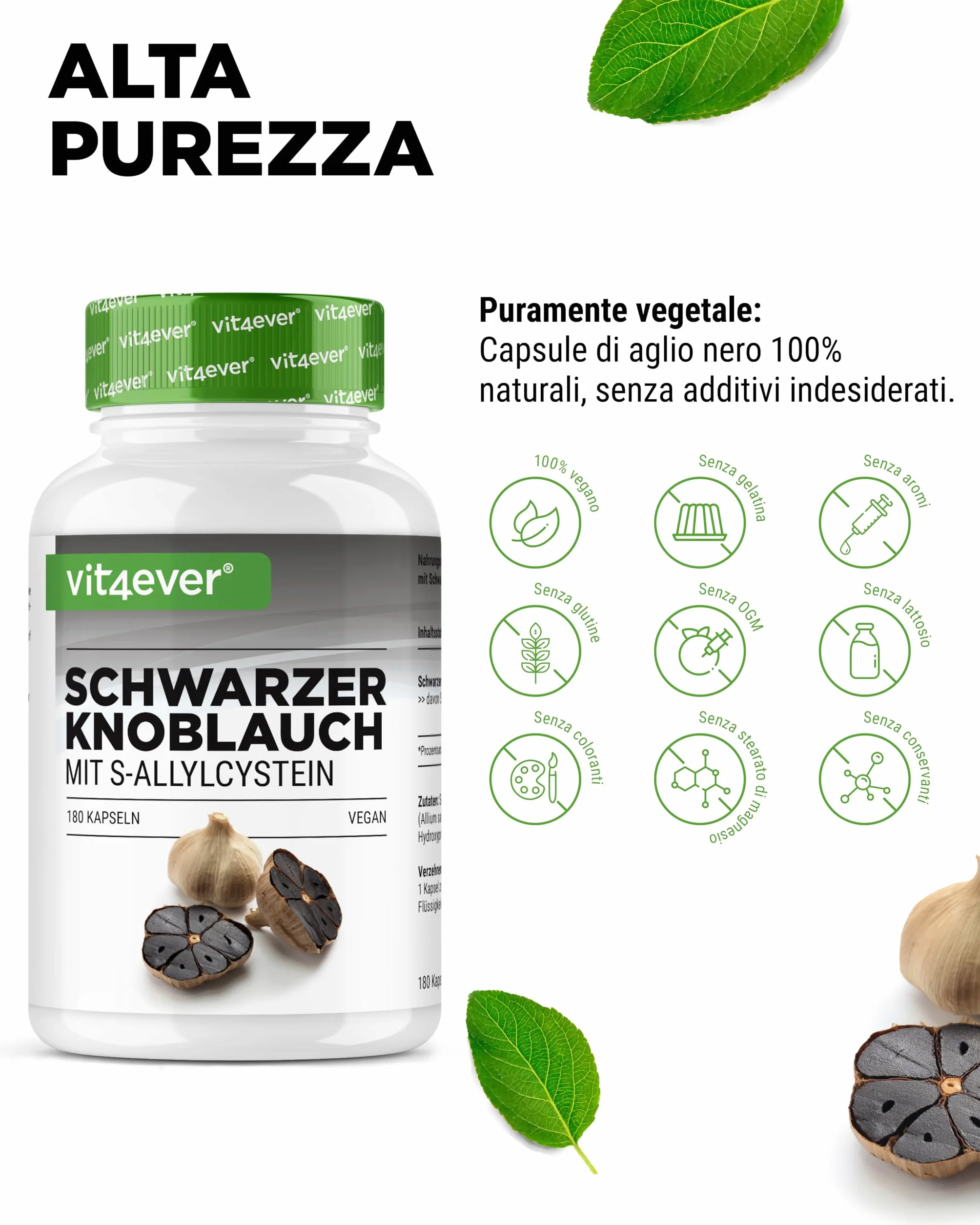 Aglio nero 15:1 Estratto - 180 Capsule da 750 mg - Premium: Con S-Allylcysteine (SAC) - Fermentato - Inodore - Testato in laboratorio - Altamente dosato - Vegan