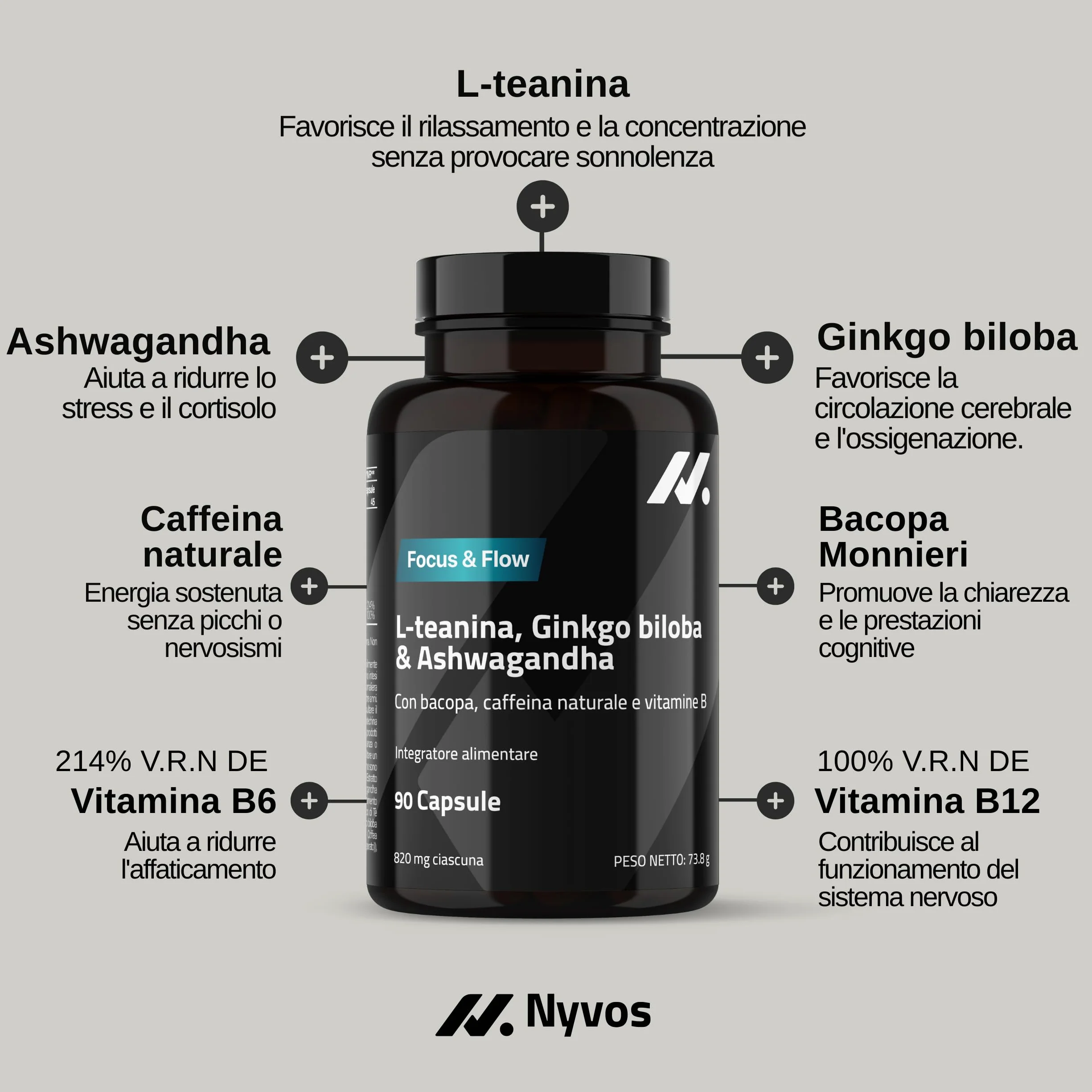 L Teanina, Ginkgo Biloba, Ashwagandha – Nootropico con Bacopa Monnieri, caffeina naturale, vitamine B6 & B12 ad alto dosaggio | Focus, concentrazione & energia senza nervosismo | 90 capsule vegane