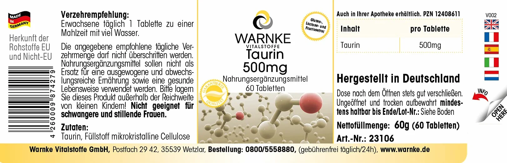 Taurina 500 mg - 60 Compresse - Vegan | Warnke Vitalstoffe