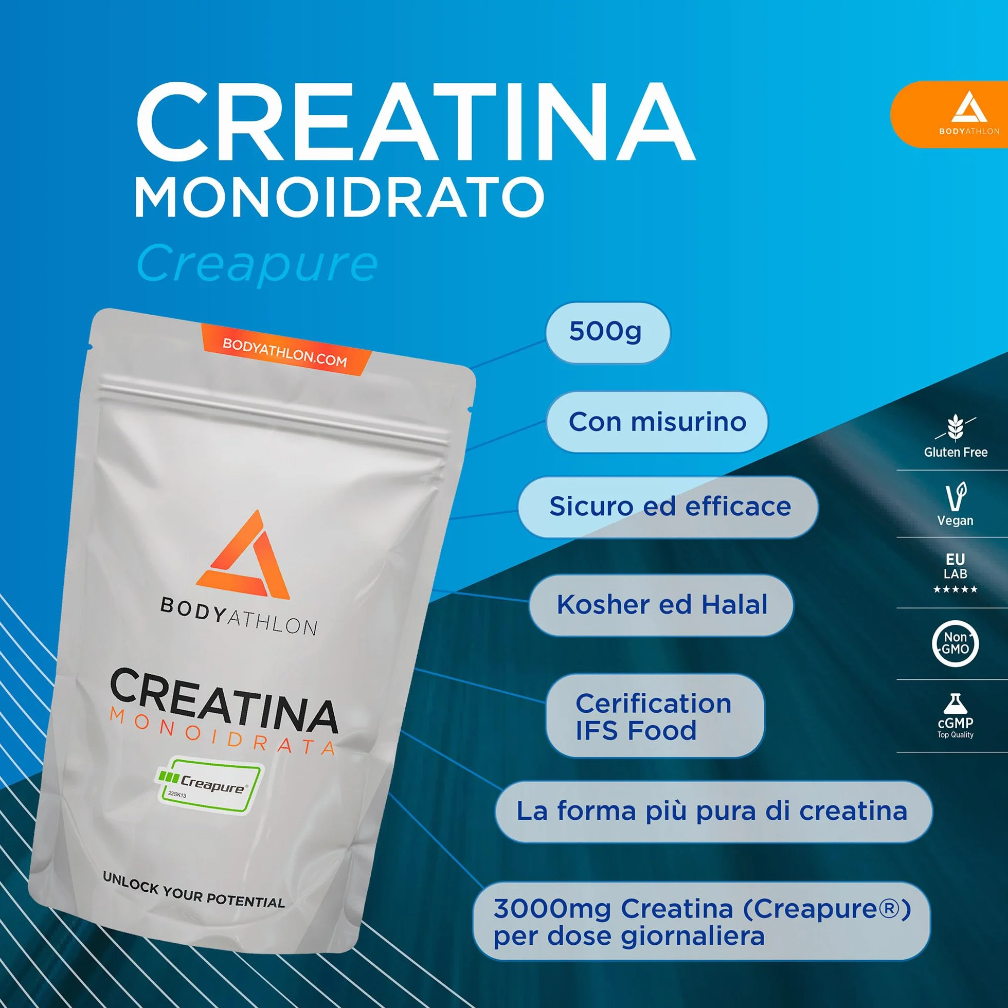 500g Creatina Creapure Polvere|Creatina Monoidrata Per Allenamento| Aumenta massa muscolare, forza e resistenza| Creatine Senza Glutine Fine, Solubile|+Dosatore, Vegan|Creatine Monohydrate|Bodyathlon