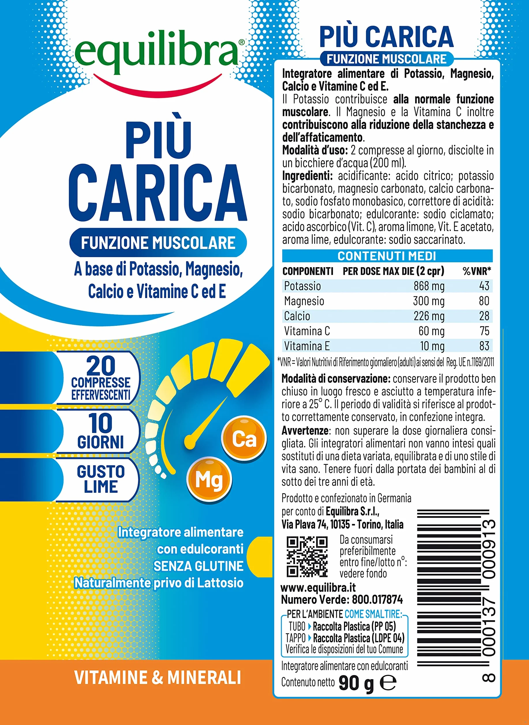 Equilibra Integratori Alimentari, Più Carica, Integratore per la Normale Funzione Muscolare, con Potassio, Magnesio, Calcio, Vitamina C e Vitamina E, Gusto Lime, 3 pezzi da 20 Compresse Effervescenti