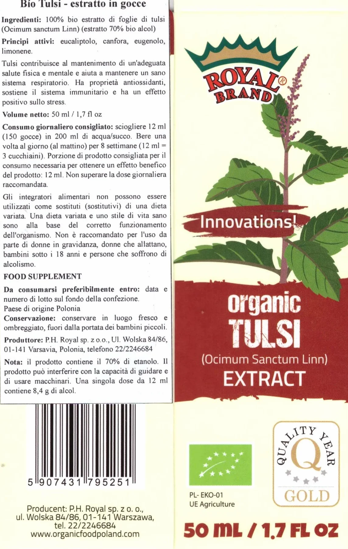 Tulsi Biologico Estratto di Gocce 50 ml Vetro