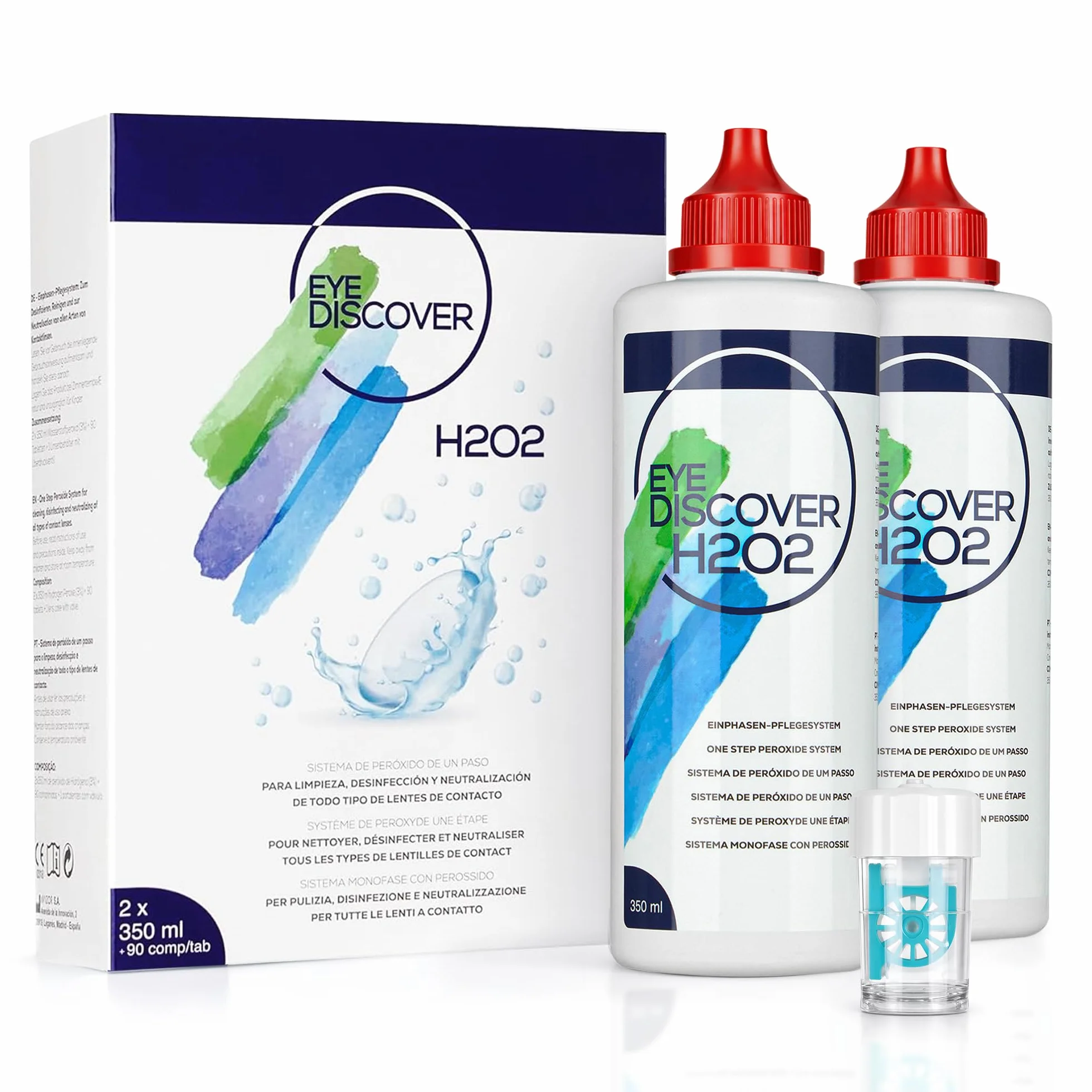 Soluzione al Perossido per Lenti a Contatto con Compresse Neutralizzanti e Portalenti Specializzato per Pulizia Profonda e Disinfezione, 2 x 350 ml