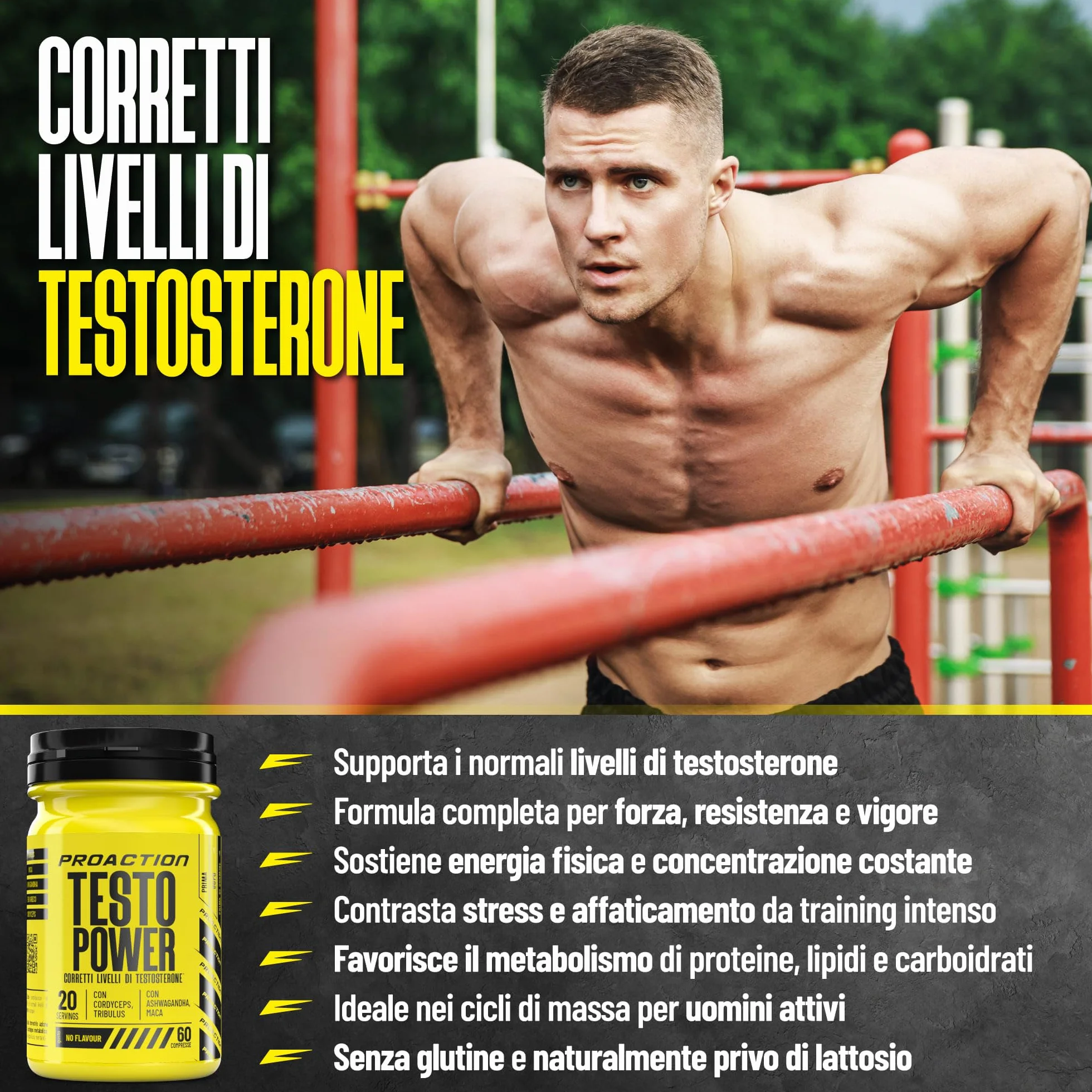 ProAction TESTO POWER | Testosterone Booster con Alto Dosaggio di Tribulus Terrestris, Maca Nera, Fieno Greco, Ashwagandha e Zinco | Integratore Testosterone Uomo per Aumento Massa Muscolare | 60 cpr
