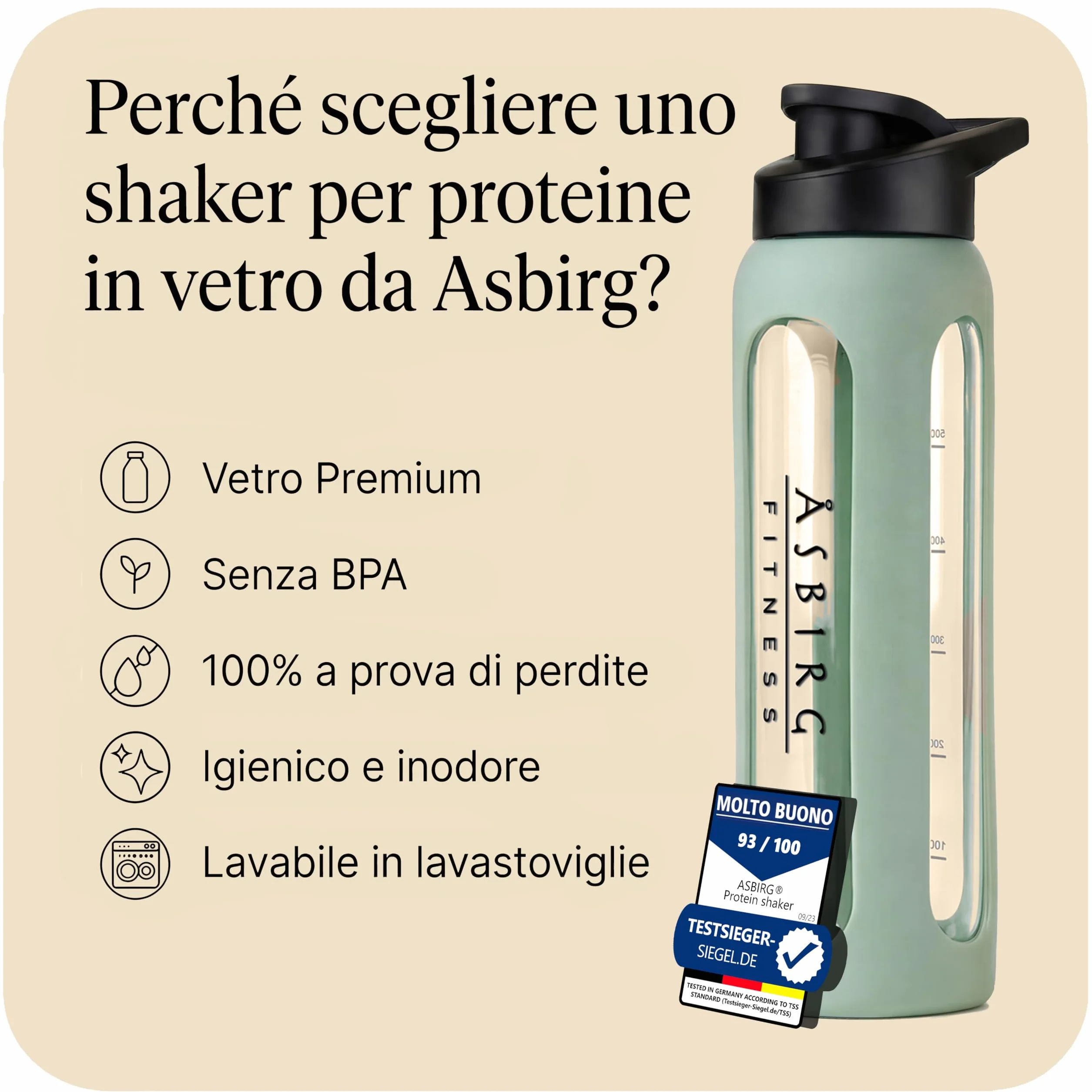 Shaker Proteine in Vetro 700 ml – Senza BPA, a Prova di Perdite & Robusto – Shaker per Proteine con Palla Mixer in Vetro Borosilicato – Bottiglia per Frullati e Sport | Verde Pastello