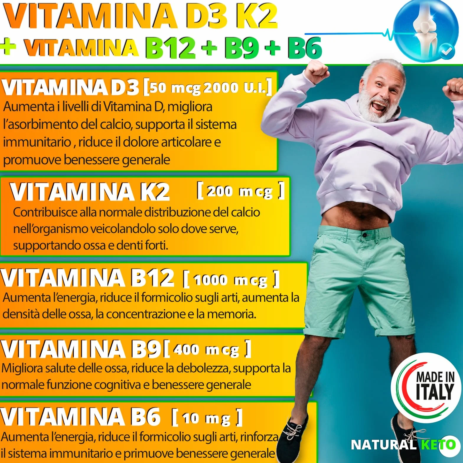 Vitamina d3 k2 2000UI - 200 Micro Compresse vit d3 k2 Arricchite con B12 e Acido folico. Supporto completo per ossa, muscoli ed energia - Integratore di Vitamina D senza glutine. Made in Italy