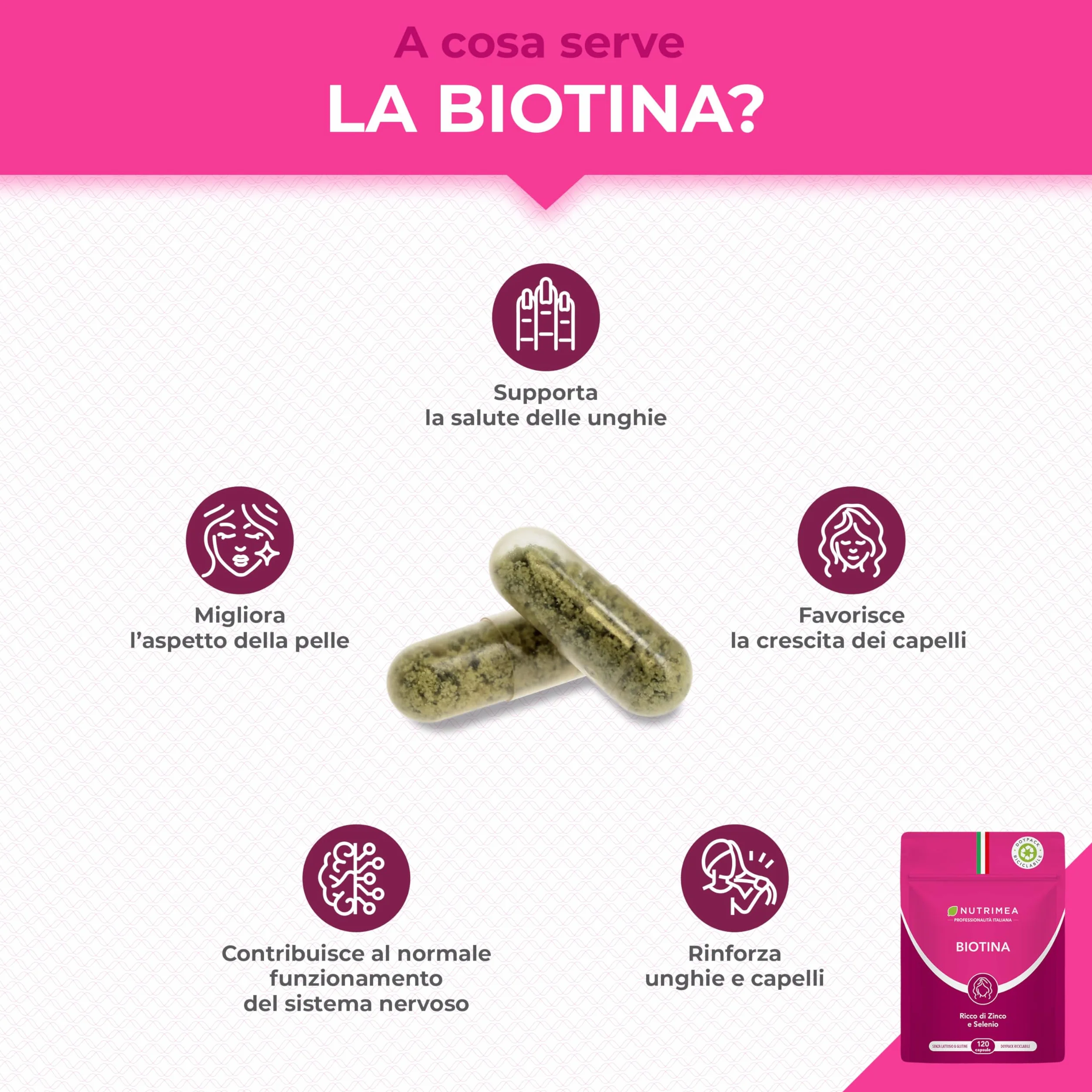 Nutrimea Biotina Capelli 120 Capsule Integratori Capelli Unghie Pelle Vitamina B8 Zinco Selenio Semi di Zucca