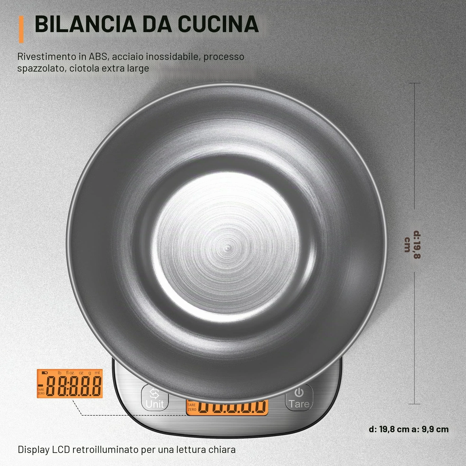 Bilancia digitale da cucina IPX6 in acciaio inox professionale con ciotola per la perdita di peso