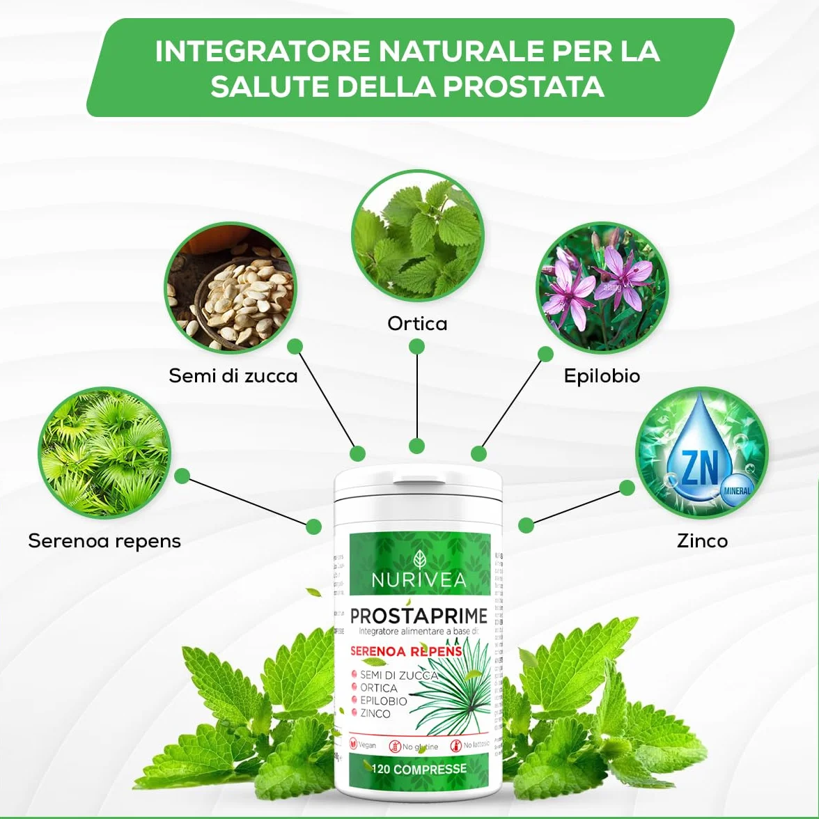 NURIVEA Serenoa Repens Saw Palmetto 360 Mg Integratore Prostata Zinco Ortica Epilobio Semi di Zucca 120 Compresse