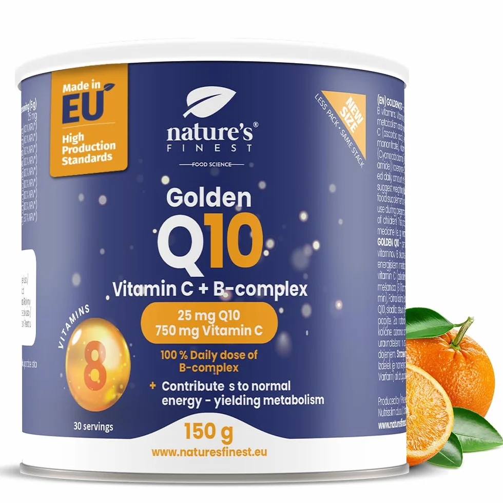 Nature's Finest Golden Q10, 150 g - Coenzima Q10 con Vitamina C in Polvere e Complesso Vitamina B - Integratore Alimentare in Polvere Gusto Arancia