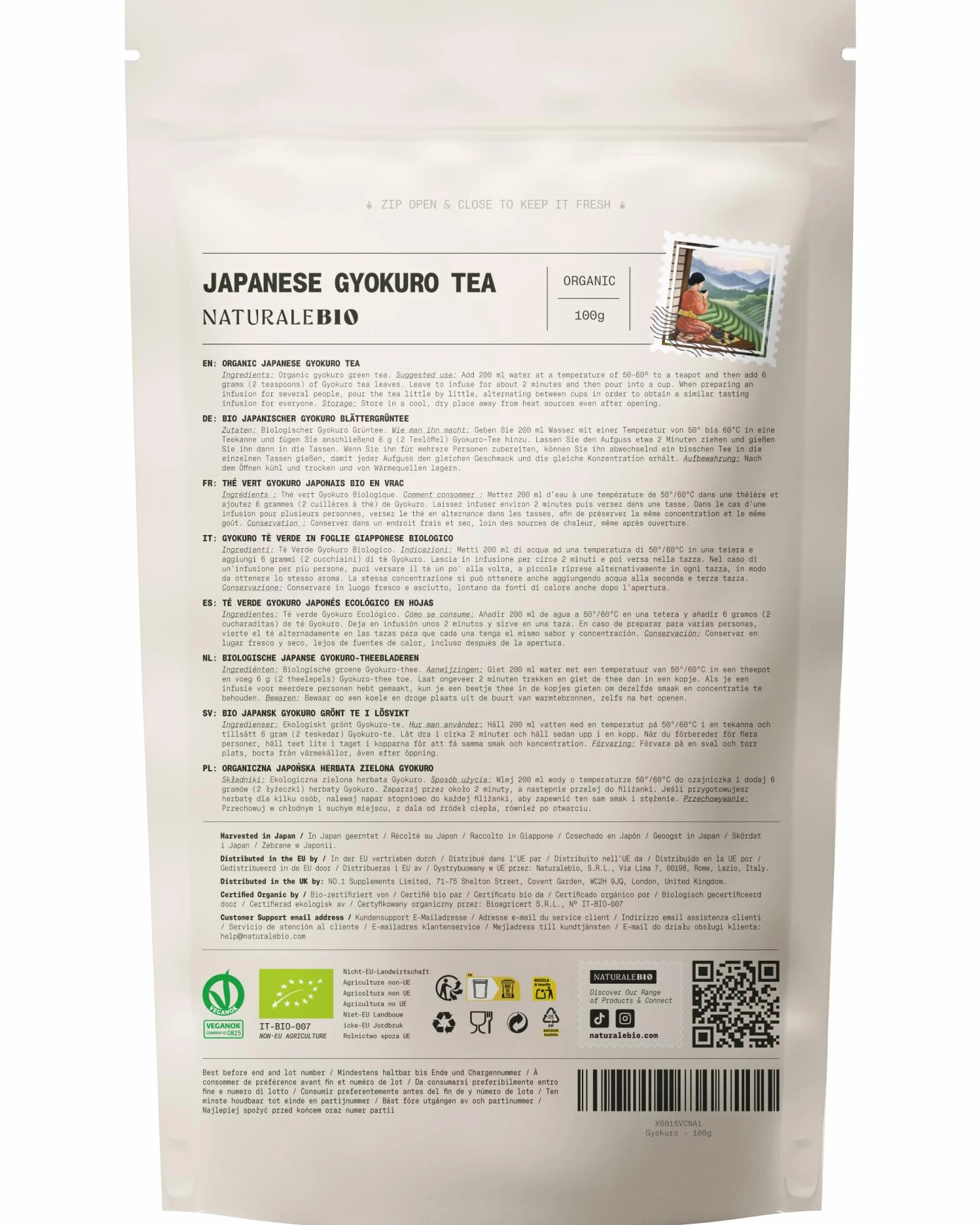 NaturaleBio Tè verde Gyokuro Giapponese Biologico da 100g. Bio, Naturale e Puro, Thè verde in foglie di primo raccolto coltivato in Giappone. Organic Japanese Gyokuro Green Tea.