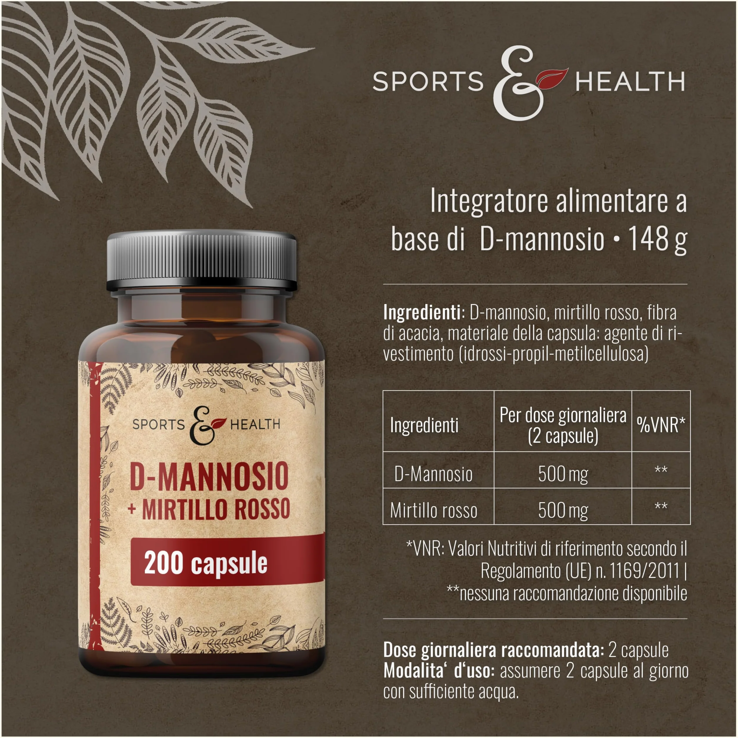 Capsule di D-Mannosio e Cranberry – 200 capsule vegane – con D-Mannosio in polvere e Cranberry – 500 mg per dose giornaliera