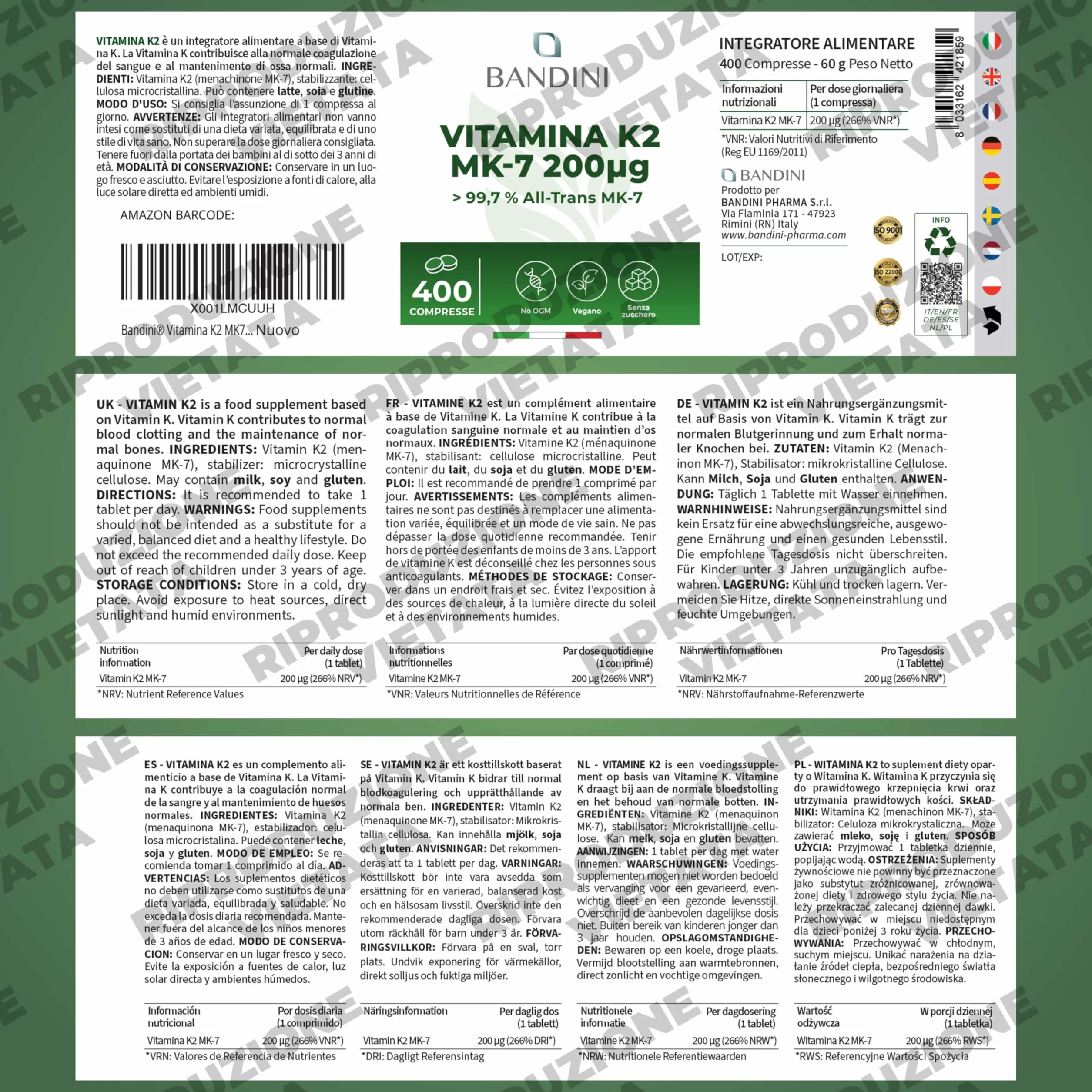 Bandini Vitamina K2 MK7 200µg 400 Compresse Alto Dosaggio Integratore Ossa Normali Vegan