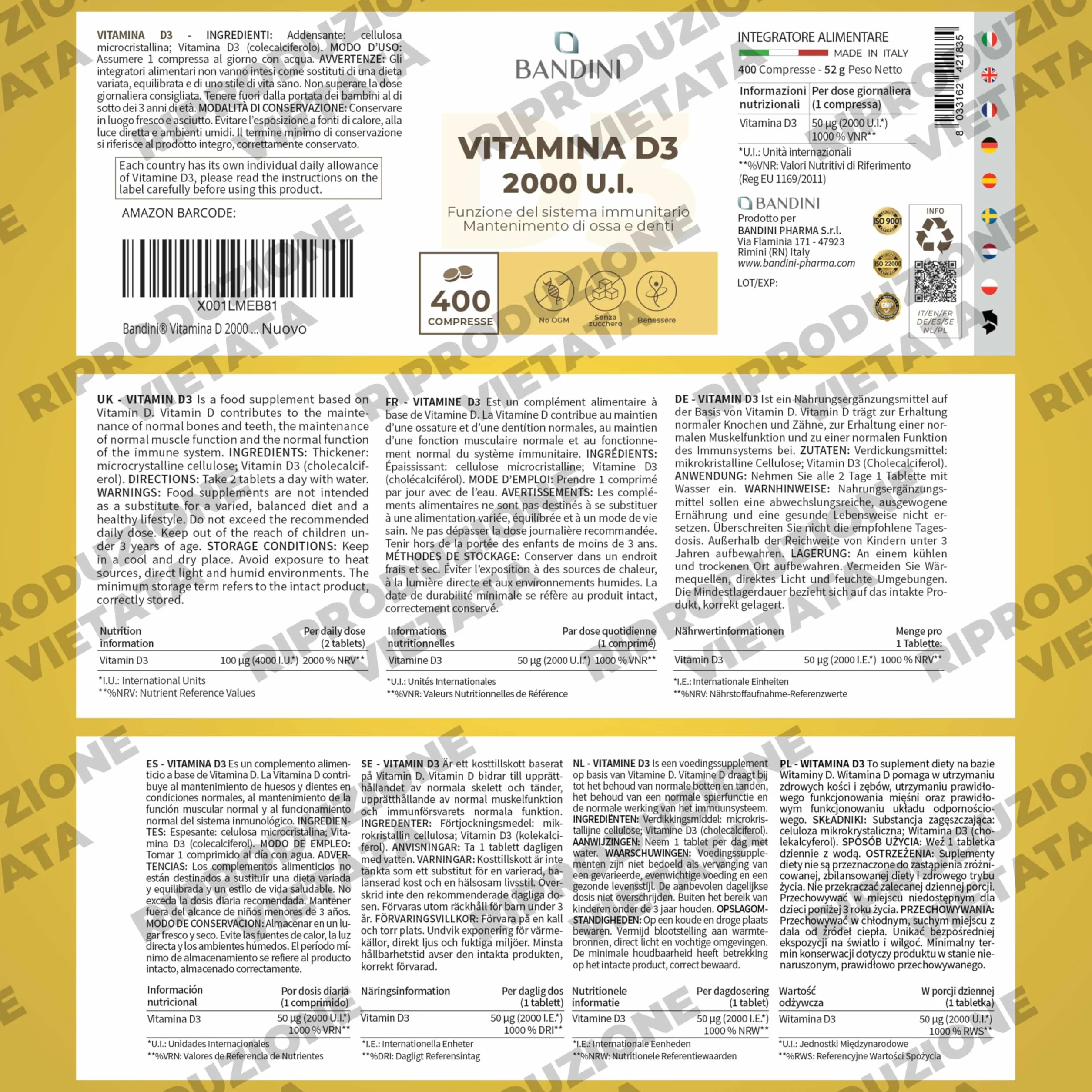 Bandini® Vitamina D 60.000 UI/mese 400 Compresse (+1 Anno), Difese Immunitarie, Salute di Ossa, Denti e Muscoli, Metabolismo del Calcio, 50 mcg di Colecalciferolo, Vitamin D3 Pura ad Alto Dosaggio