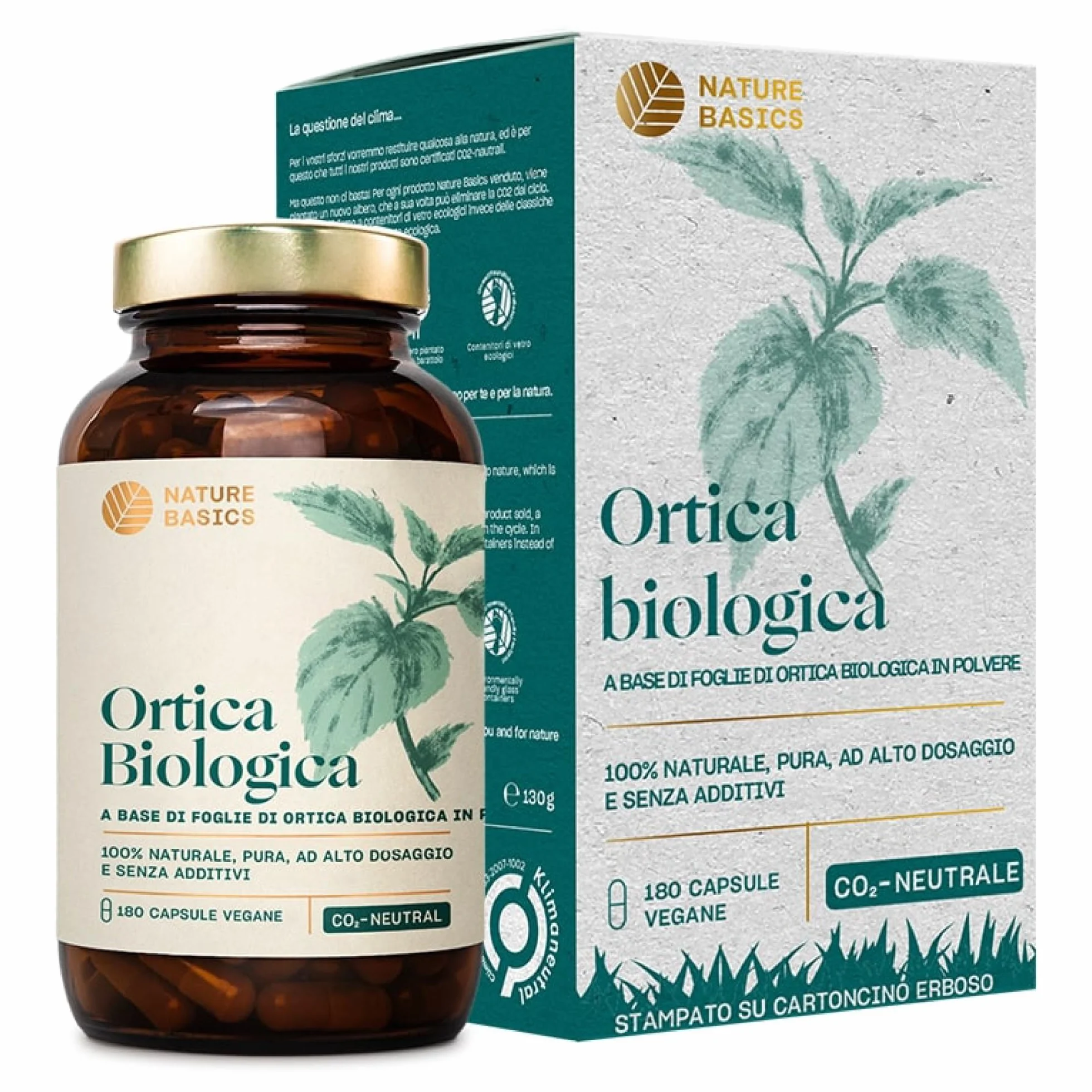 Ortica biologica 180 capsule 900 mg polvere di foglie pura vegana certificata