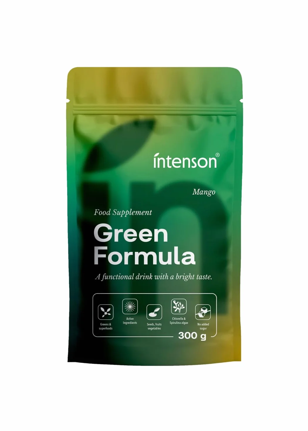 Intenson Green Formula Mango Super Greens Polvere Superfood Blend Chlorella Spirulina Ashwagandha OPC Moringa Senza Zucchero Bevanda Funzionale 300 g