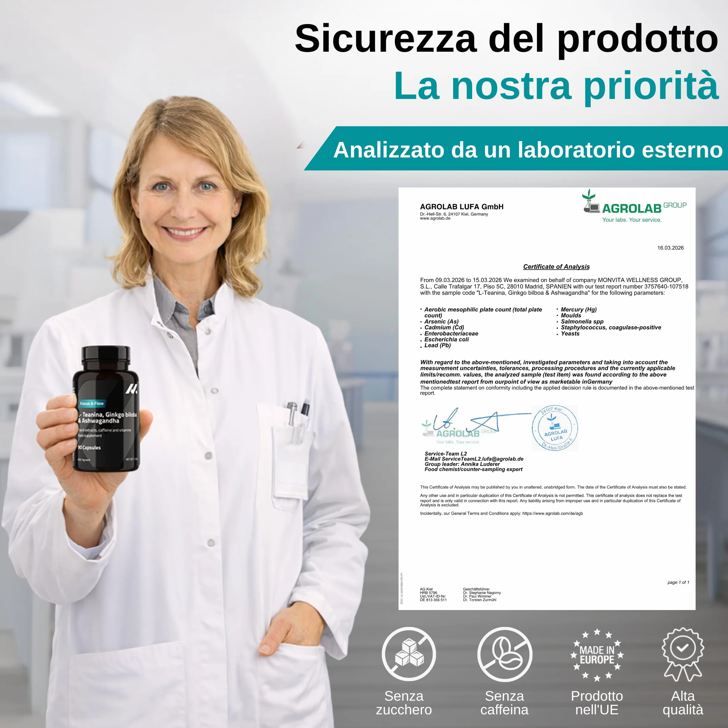L Teanina, Ginkgo Biloba, Ashwagandha – Nootropico con Bacopa Monnieri, caffeina naturale, vitamine B6 & B12 ad alto dosaggio | Focus, concentrazione & energia senza nervosismo | 90 capsule vegane