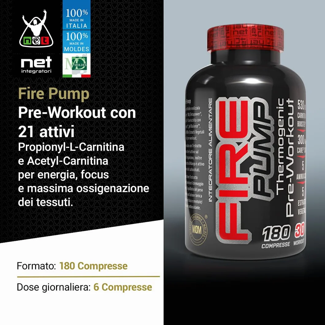 Net Integratori Fire Pump 180 cpr – Integratore Pre-Workout per la fase Cut – Propionyl-L-Carnitina e Acetyl-Carnitina per Energia Resistenza e Supporto alla Massa Muscolare