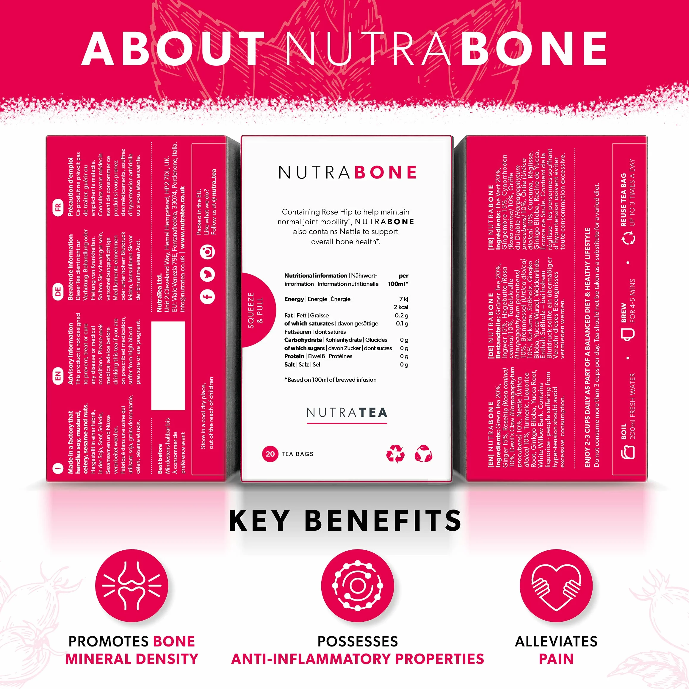 Nutratea Tè per la Salute delle Ossa con Ginkgo Biloba e Rosa Canina 20 Bustine