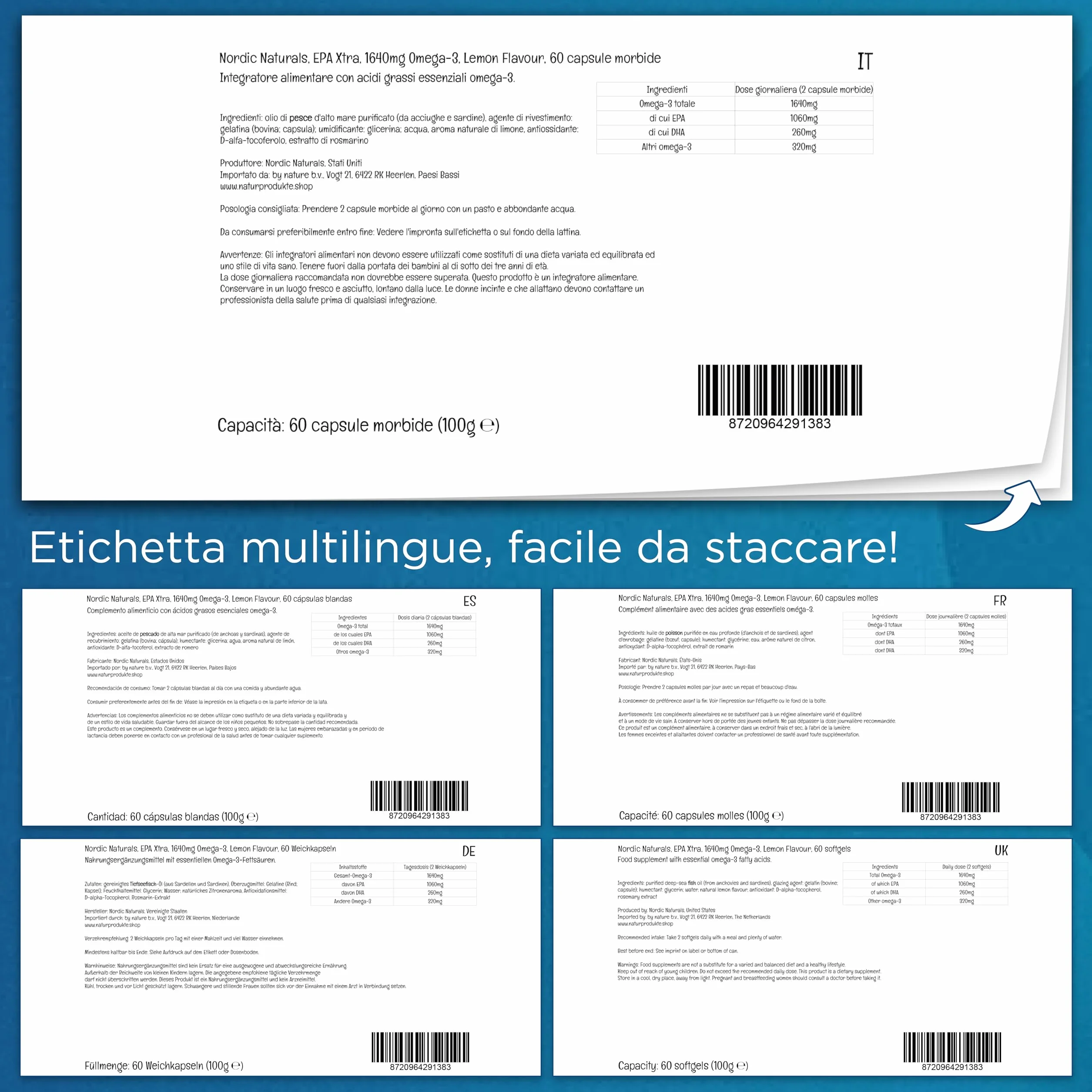 Nordic Naturals EPA Xtra 1640 mg Omega-3 Olio di Pesce EPA DHA Gusto Limone 60 Capsule Molli