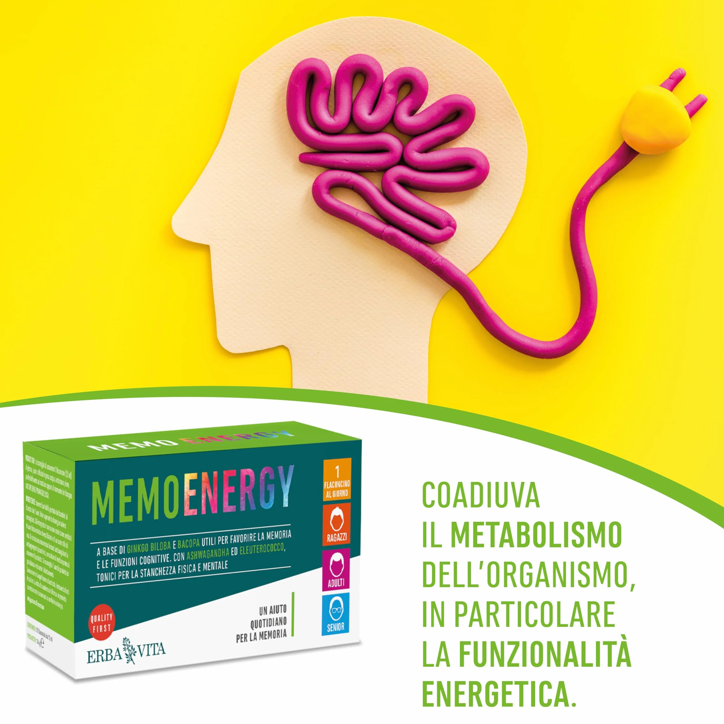 ERBA VITA Memo Energy integratore alimentare Ginkgo Biloba Bacopa memoria funzioni cognitive 10 flaconcini