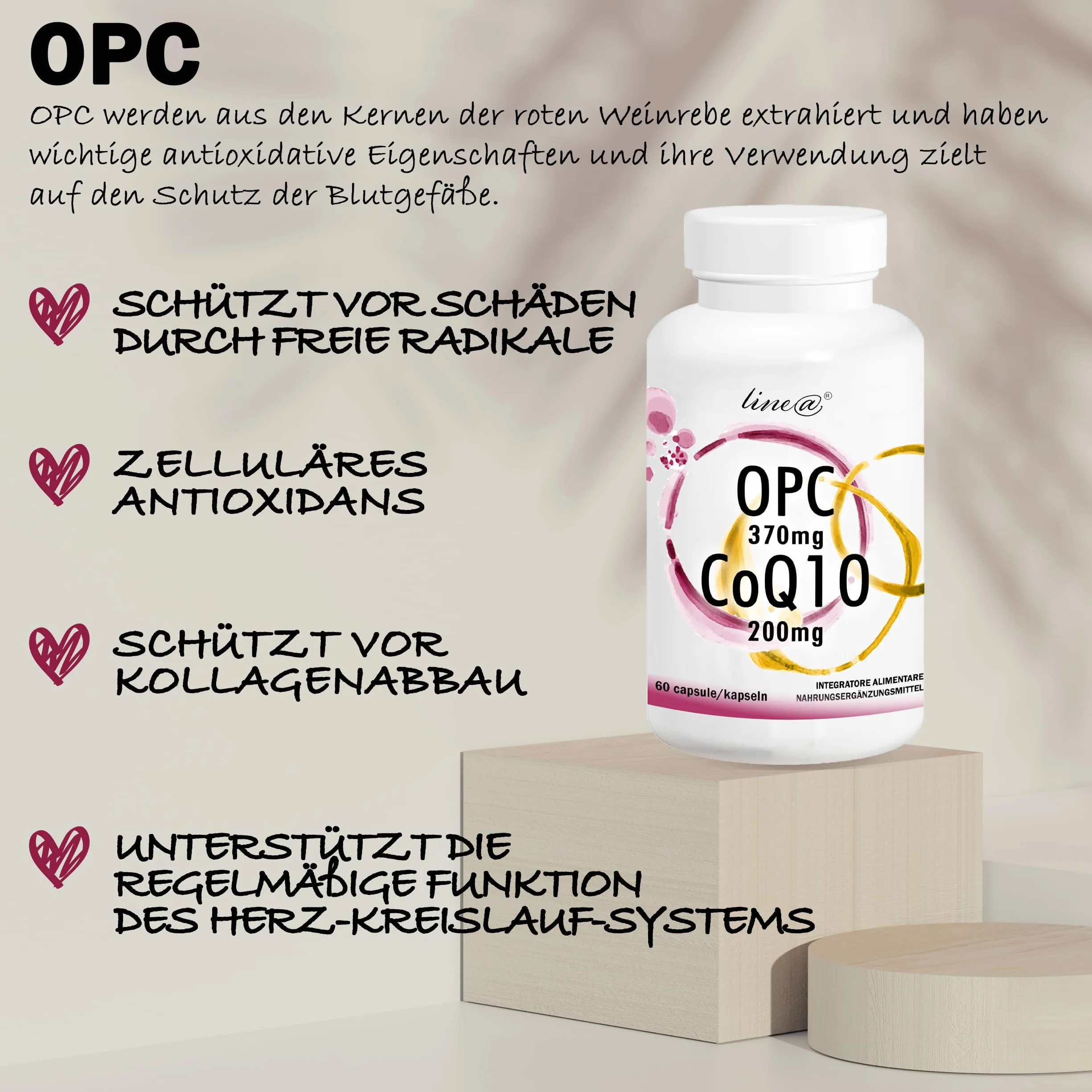 OPC e CoQ10 Line@ | Potente ANTIOSSIDANTE 2 in 1 | E.s. di VITE ROSSA 370mg e COENZIMA Q10 200mg | 60 capsule | 2 MESI