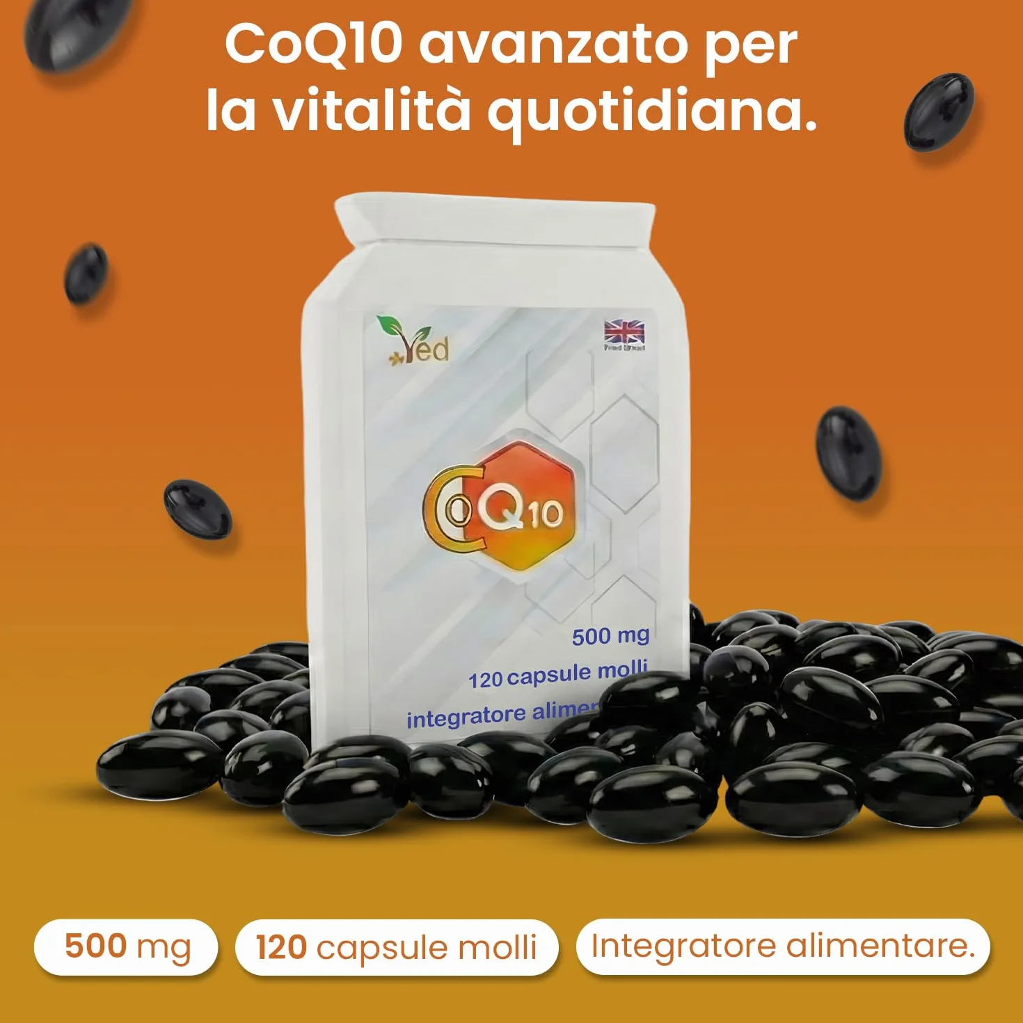 VED Co Enzyme Q10, Ubiquinone fermentato naturalmente, 500mg 120 Softgels.