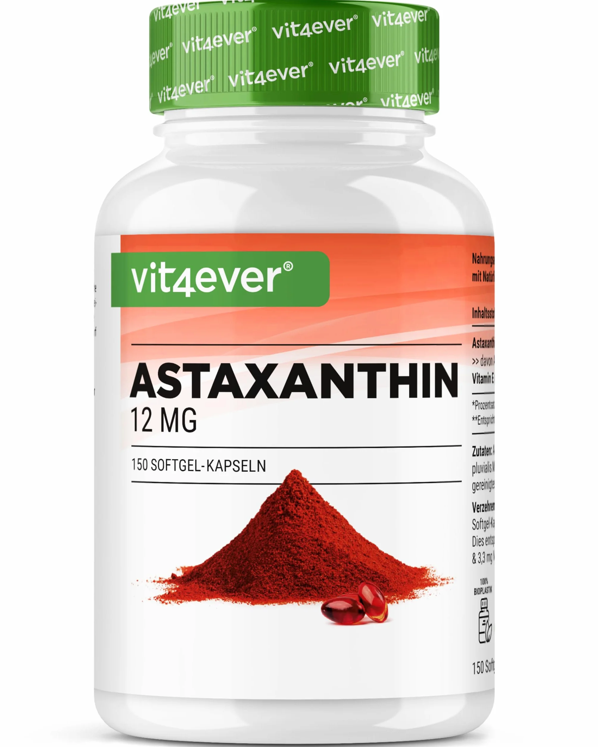 Astaxantina 12 mg 150 capsule softgel - Premium da Haematococcus pluvialis con vitamina E e olio d'oliva