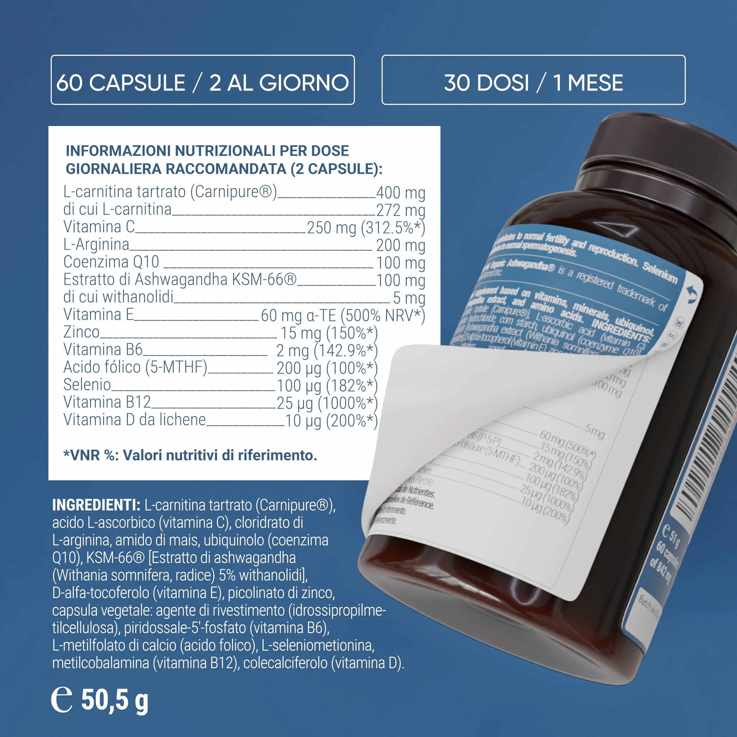 Nullure Integratore Fertilità Uomo L-Carnitina CoQ10 Arginina Zinco 60 caps Vegano Senza Additivi