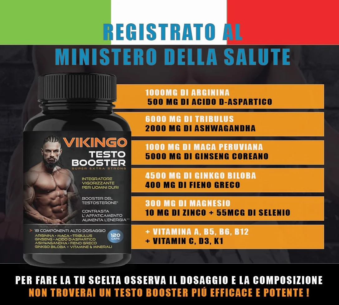 Testosterone Uomo, Massa Muscolare, VIKINGO 120 Testosterone Booster Stimolante Uomo - Integratore Energia con Maca, Tribulus, Ashwagandha, Arginina, Ginkgo Biloba, Fieno Greco, Vitamine e Minerali