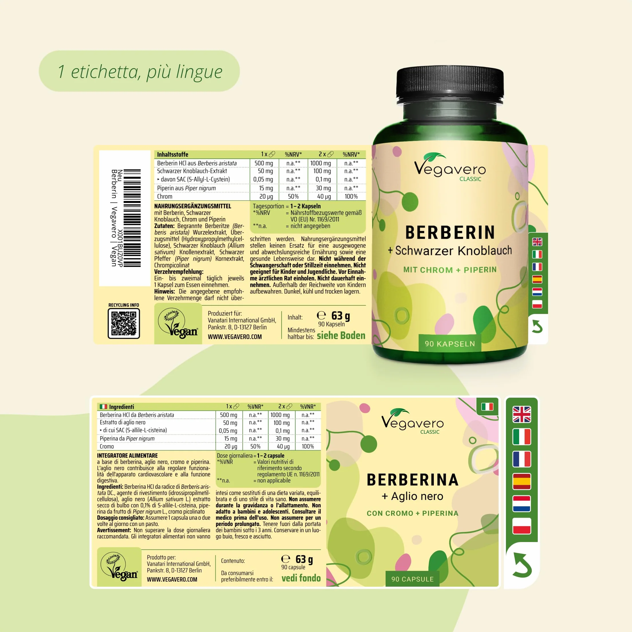 Berberina 1.000 mg | con Cromo, Pepe Nero e Aglio Nero | Berberine Pura e Naturale 97% da Berberis aristata | Vegan e Senza Additivi | Vegavero®