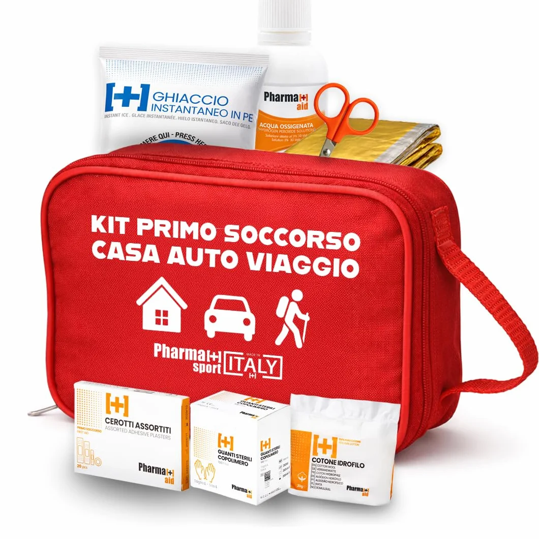 Kit Primo Soccorso PHARMAPIÙ SPORT Borsa Emergenza Completa con Garze Cerotti Disinfettante Guanti Made in Italy