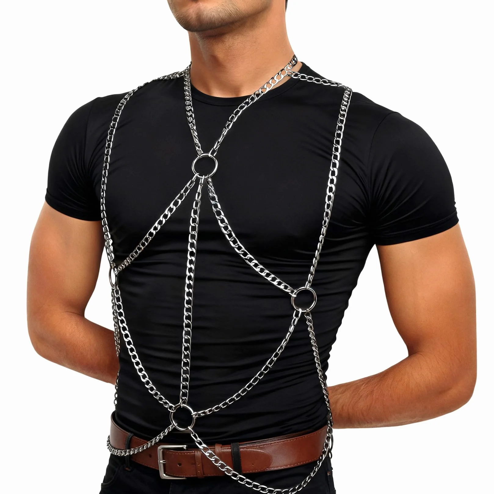 Pettorina petto uomo acciaio inossidabile imbracatura sexy cintura muscoli feste discoteca cosplay Clubwear Argento