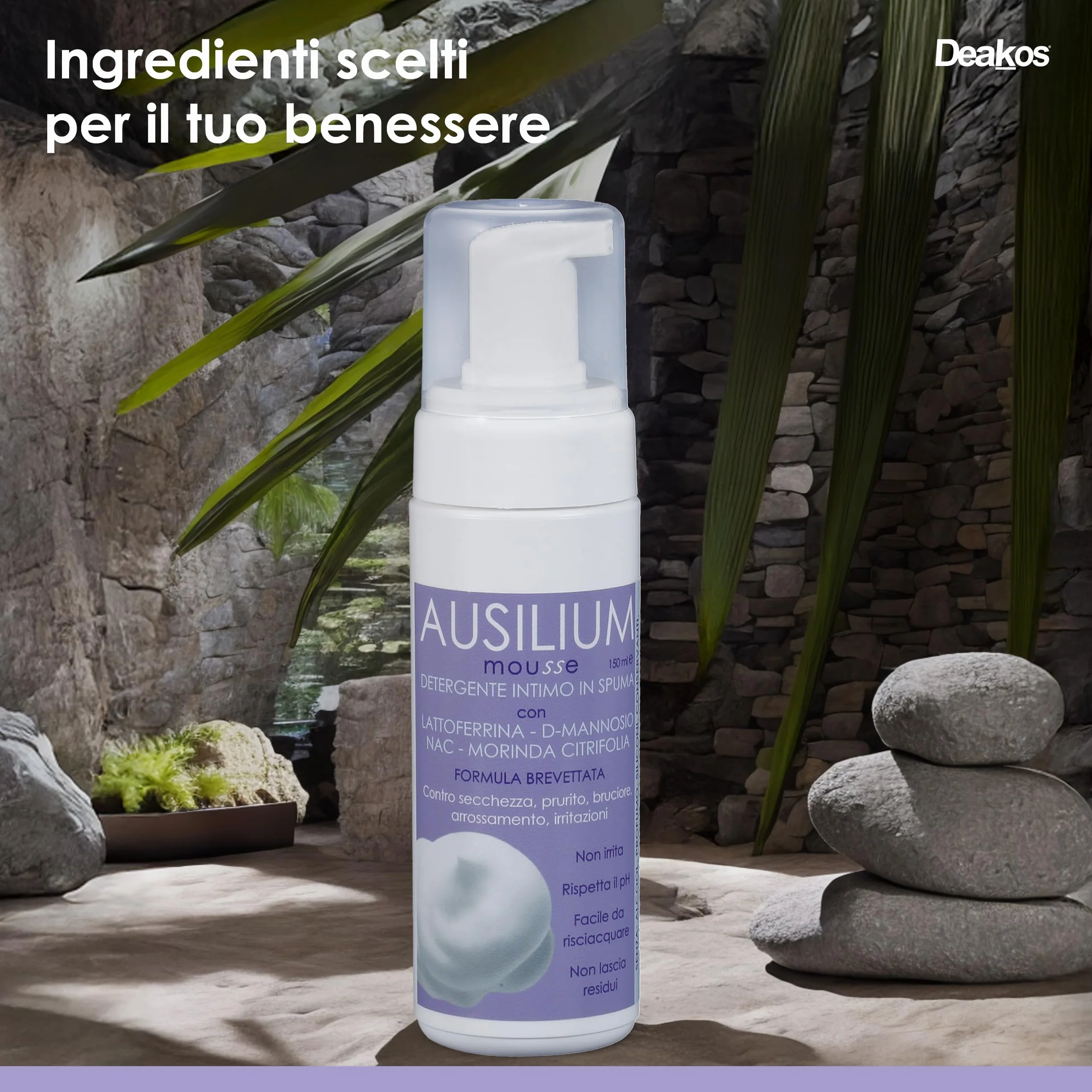 Deakos Ausilium Mousse Detergente Intimo Donna Antibatterico Lenitivo con Lattoferrina D Mannosio NAC Morinda Antiodore Senza Parabeni Siliconi