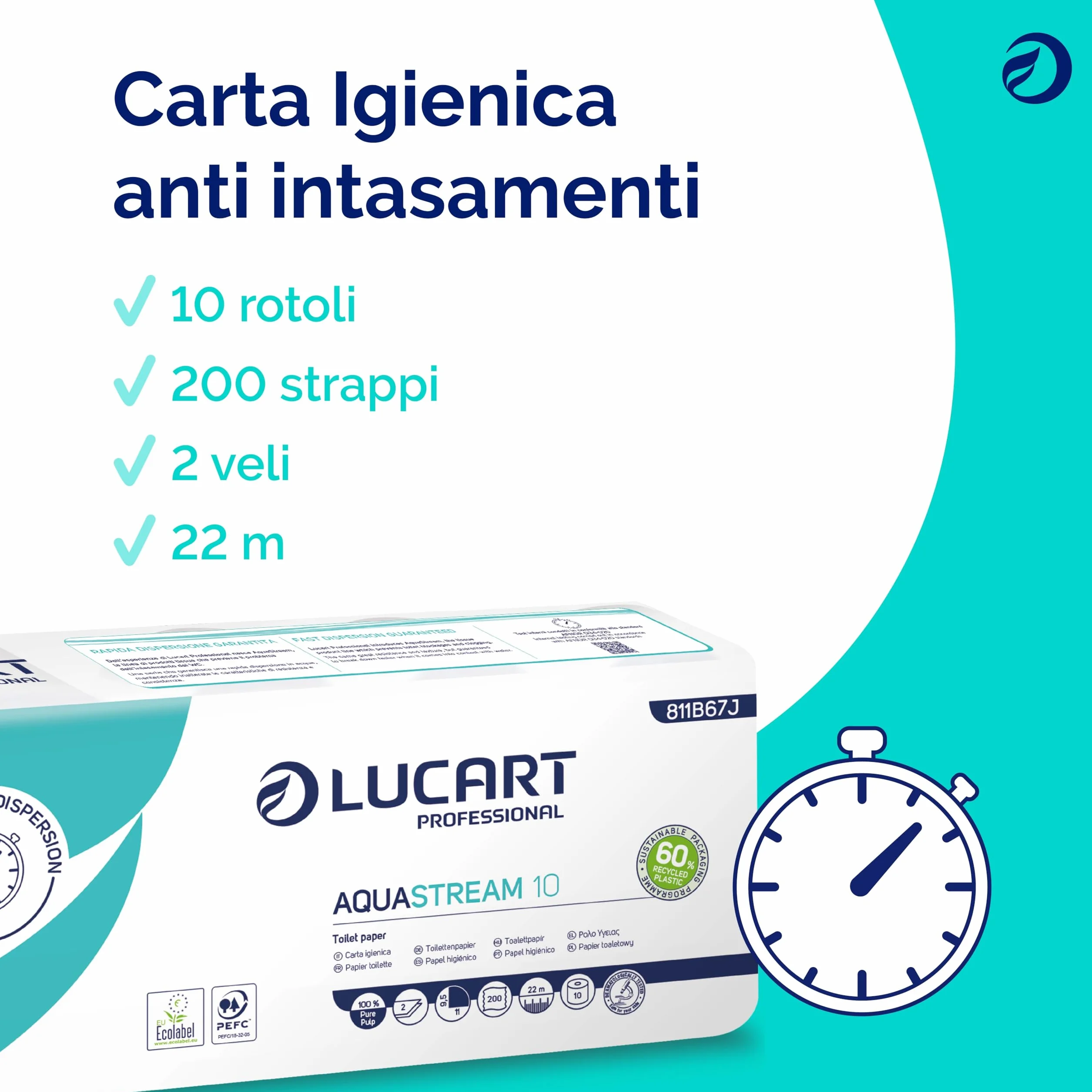 Lucart Professional AquaStream 10 Carta Igienica a Rotolo in pura cellulosa 10 Rotoli da 200 strappi 9,5x11 cm