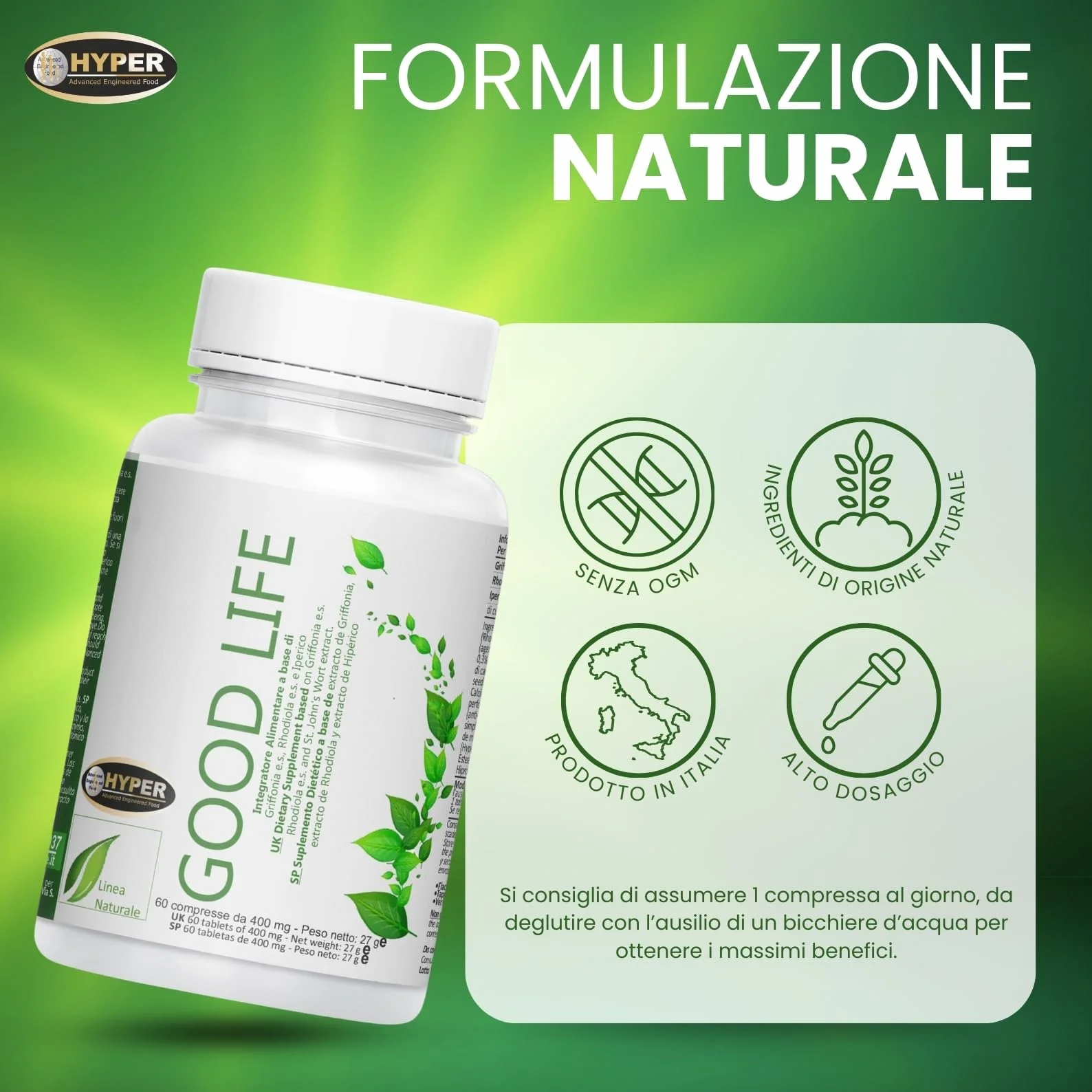 Hyper Good Life 60 Cpr - Integratore Alimentare Con Iperico Erba di San Giovanni, Griffonia e Rodiola Rosea - Riduce lo Stress e Favorisce un Naturale Stato di Serenità e Benessere